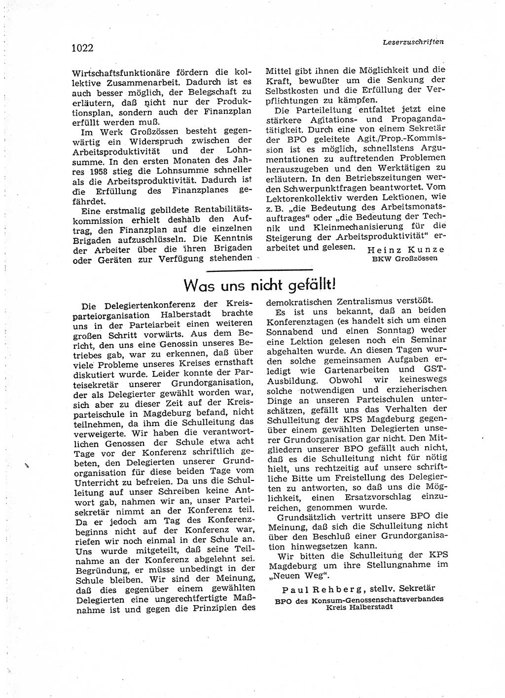 Neuer Weg (NW), Organ des Zentralkomitees (ZK) der SED (Sozialistische Einheitspartei Deutschlands) für Fragen des Parteiaufbaus und des Parteilebens, [Deutsche Demokratische Republik (DDR)] 13. Jahrgang 1958, Seite 1022 (NW ZK SED DDR 1958, S. 1022)