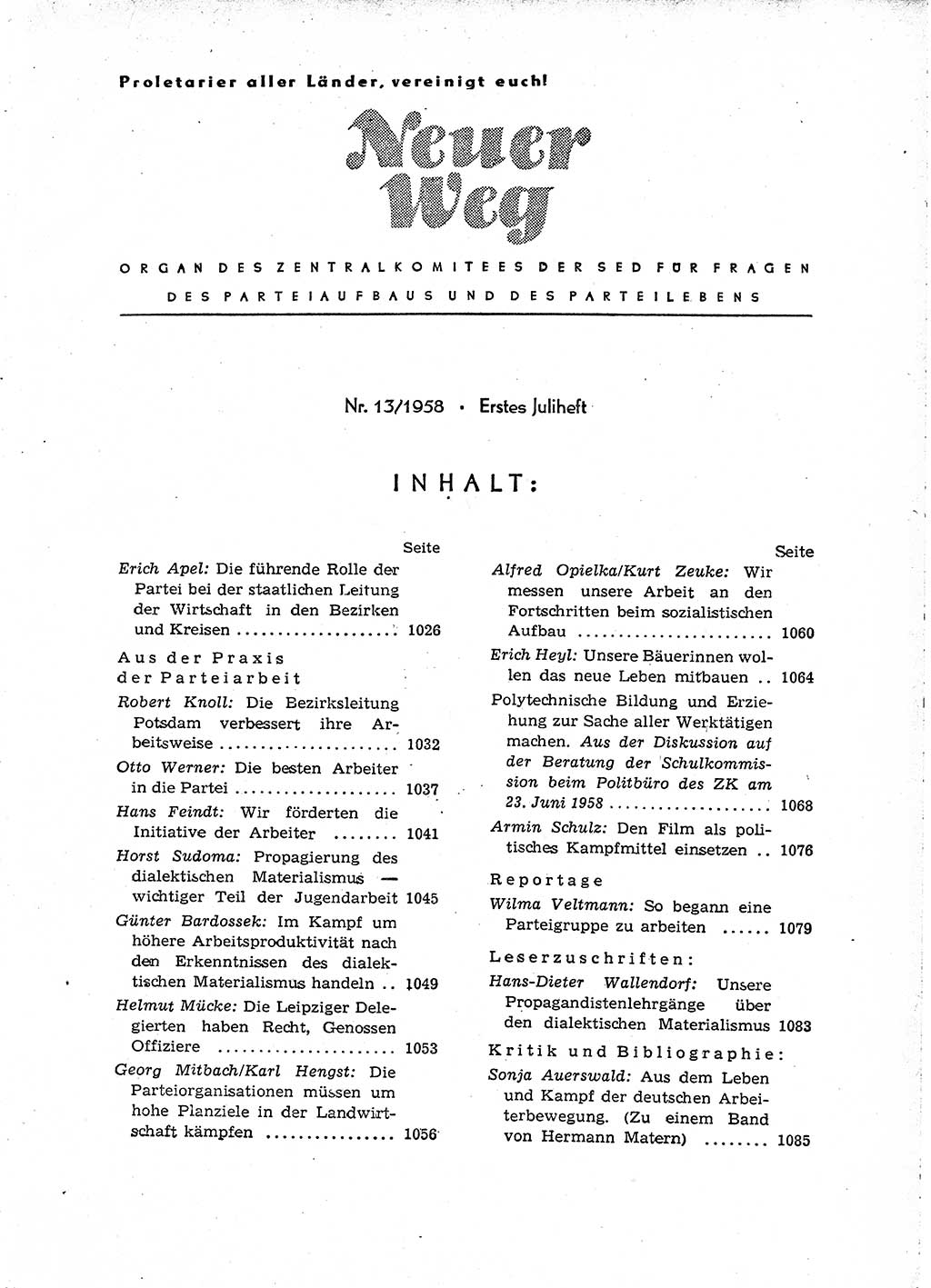 Neuer Weg (NW), Organ des Zentralkomitees (ZK) der SED (Sozialistische Einheitspartei Deutschlands) für Fragen des Parteiaufbaus und des Parteilebens, [Deutsche Demokratische Republik (DDR)] 13. Jahrgang 1958, Seite 1025 (NW ZK SED DDR 1958, S. 1025)