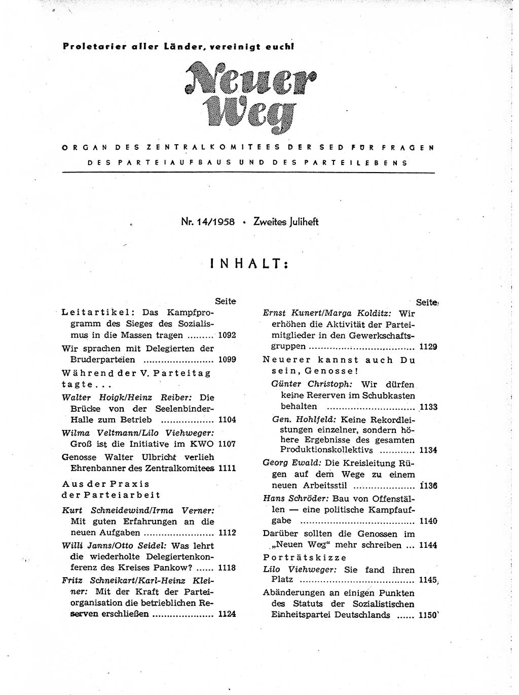 Neuer Weg (NW), Organ des Zentralkomitees (ZK) der SED (Sozialistische Einheitspartei Deutschlands) für Fragen des Parteiaufbaus und des Parteilebens, [Deutsche Demokratische Republik (DDR)] 13. Jahrgang 1958, Seite 1089 (NW ZK SED DDR 1958, S. 1089)