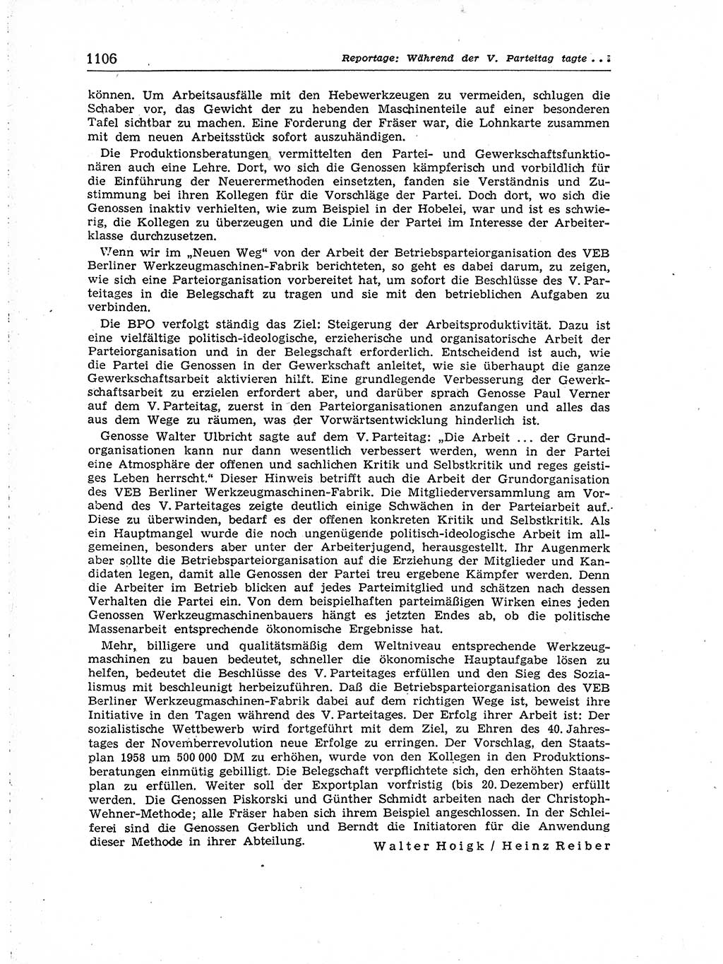 Neuer Weg (NW), Organ des Zentralkomitees (ZK) der SED (Sozialistische Einheitspartei Deutschlands) für Fragen des Parteiaufbaus und des Parteilebens, [Deutsche Demokratische Republik (DDR)] 13. Jahrgang 1958, Seite 1106 (NW ZK SED DDR 1958, S. 1106)