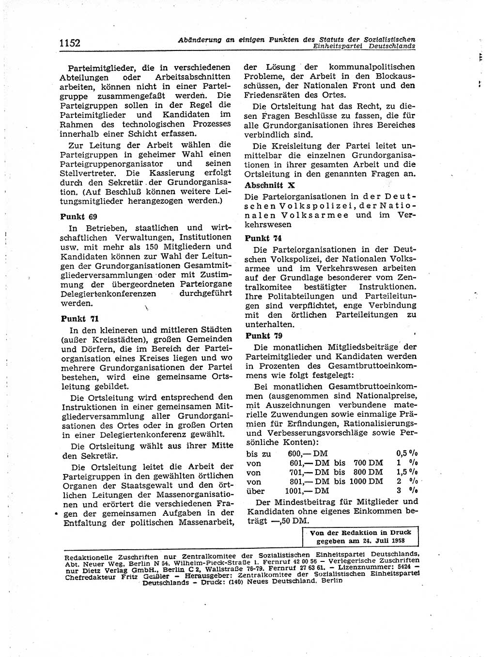 Neuer Weg (NW), Organ des Zentralkomitees (ZK) der SED (Sozialistische Einheitspartei Deutschlands) für Fragen des Parteiaufbaus und des Parteilebens, [Deutsche Demokratische Republik (DDR)] 13. Jahrgang 1958, Seite 1152 (NW ZK SED DDR 1958, S. 1152)