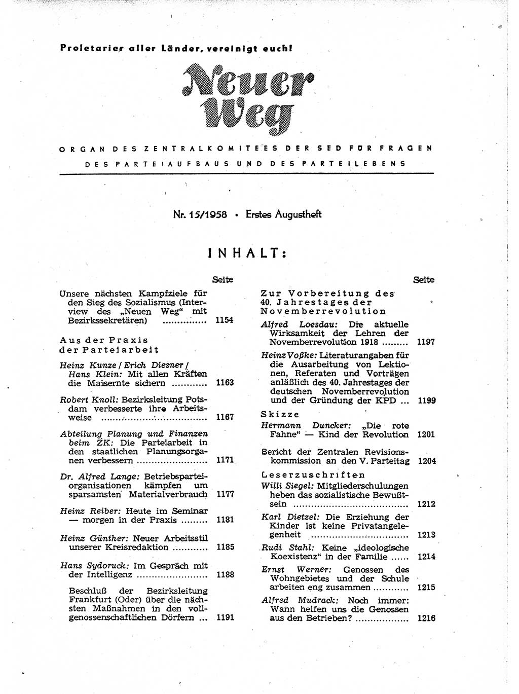 Neuer Weg (NW), Organ des Zentralkomitees (ZK) der SED (Sozialistische Einheitspartei Deutschlands) für Fragen des Parteiaufbaus und des Parteilebens, [Deutsche Demokratische Republik (DDR)] 13. Jahrgang 1958, Seite 1153 (NW ZK SED DDR 1958, S. 1153)