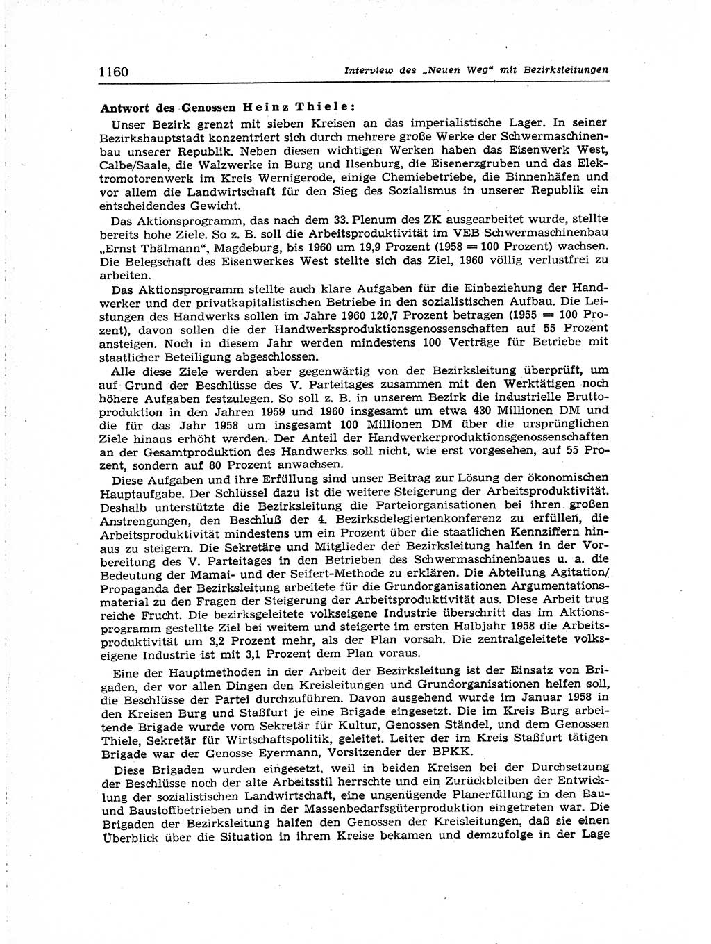 Neuer Weg (NW), Organ des Zentralkomitees (ZK) der SED (Sozialistische Einheitspartei Deutschlands) für Fragen des Parteiaufbaus und des Parteilebens, [Deutsche Demokratische Republik (DDR)] 13. Jahrgang 1958, Seite 1160 (NW ZK SED DDR 1958, S. 1160)