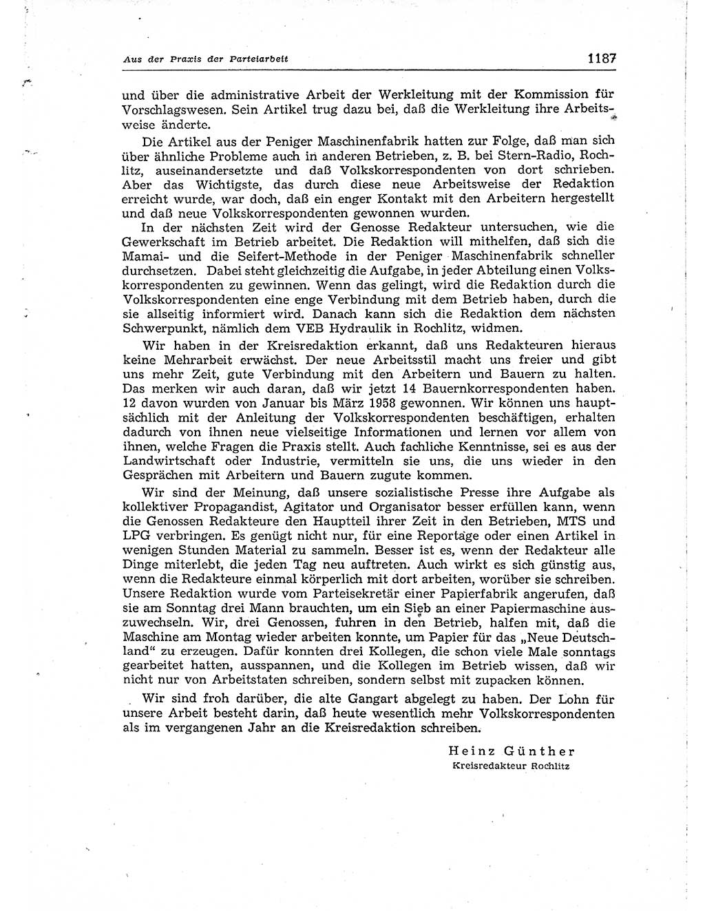 Neuer Weg (NW), Organ des Zentralkomitees (ZK) der SED (Sozialistische Einheitspartei Deutschlands) für Fragen des Parteiaufbaus und des Parteilebens, [Deutsche Demokratische Republik (DDR)] 13. Jahrgang 1958, Seite 1187 (NW ZK SED DDR 1958, S. 1187)