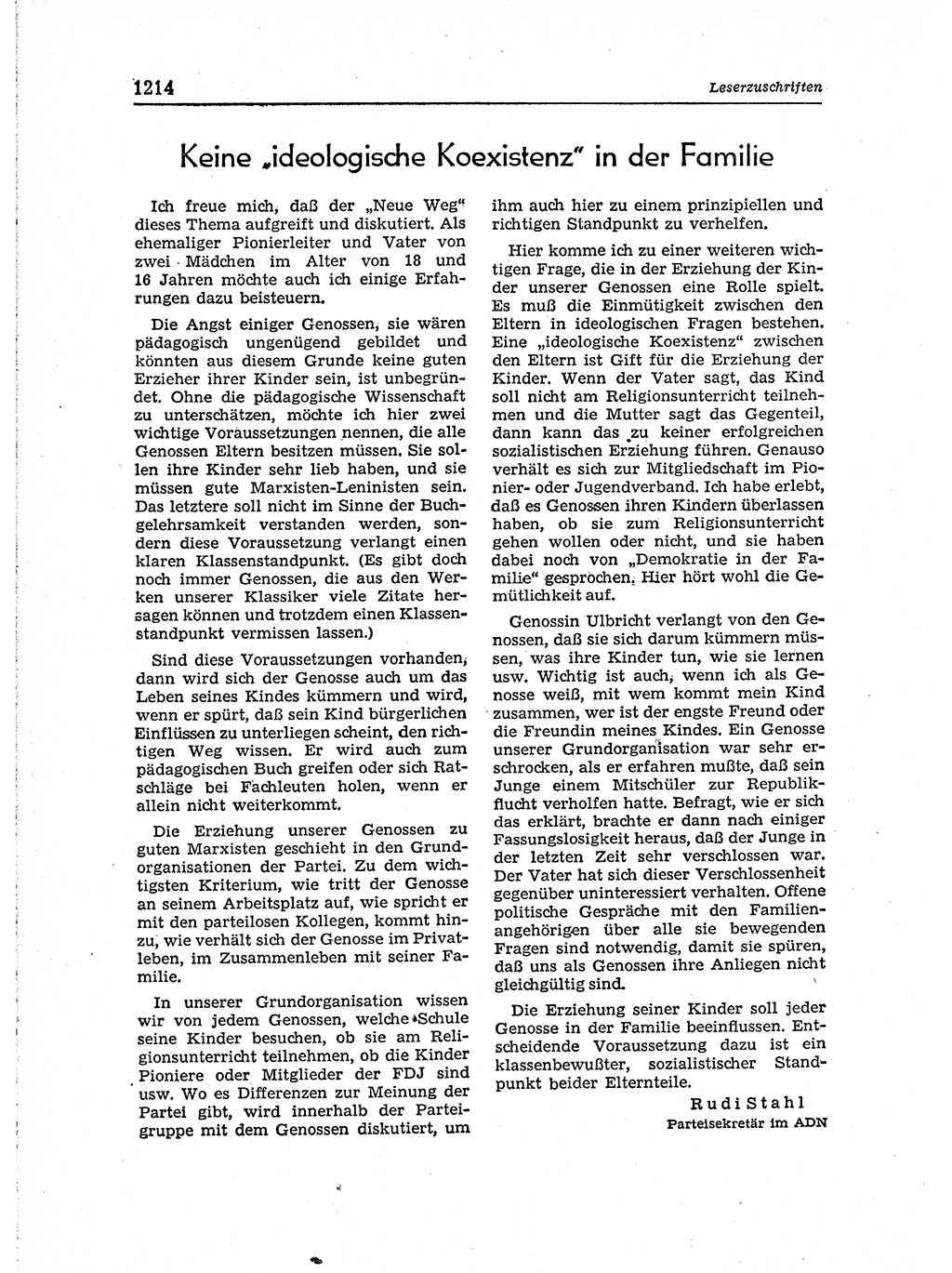 Neuer Weg (NW), Organ des Zentralkomitees (ZK) der SED (Sozialistische Einheitspartei Deutschlands) für Fragen des Parteiaufbaus und des Parteilebens, [Deutsche Demokratische Republik (DDR)] 13. Jahrgang 1958, Seite 1214 (NW ZK SED DDR 1958, S. 1214)