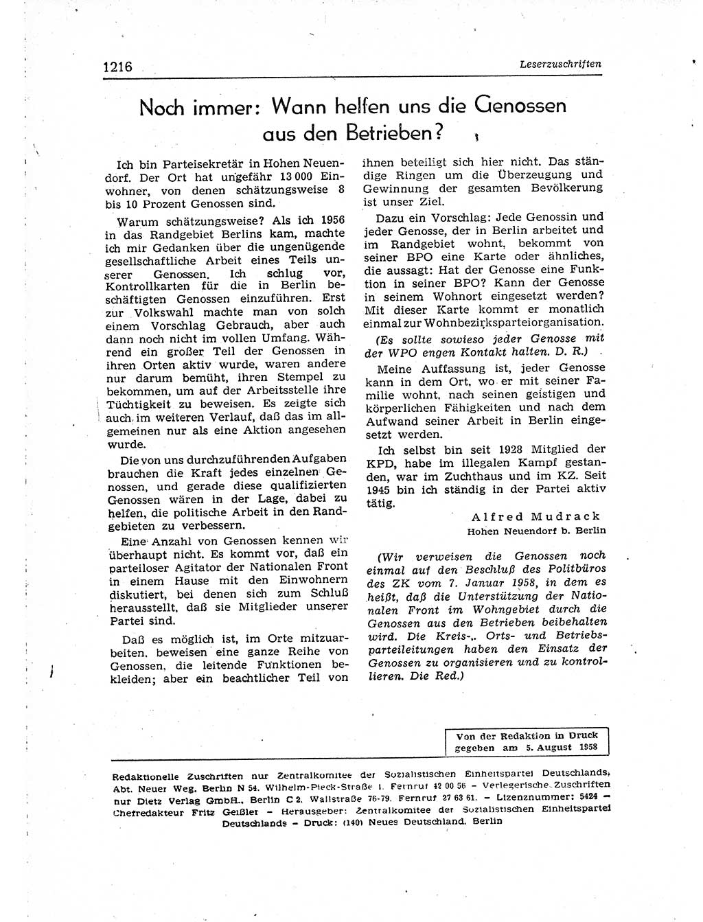 Neuer Weg (NW), Organ des Zentralkomitees (ZK) der SED (Sozialistische Einheitspartei Deutschlands) für Fragen des Parteiaufbaus und des Parteilebens, [Deutsche Demokratische Republik (DDR)] 13. Jahrgang 1958, Seite 1216 (NW ZK SED DDR 1958, S. 1216)