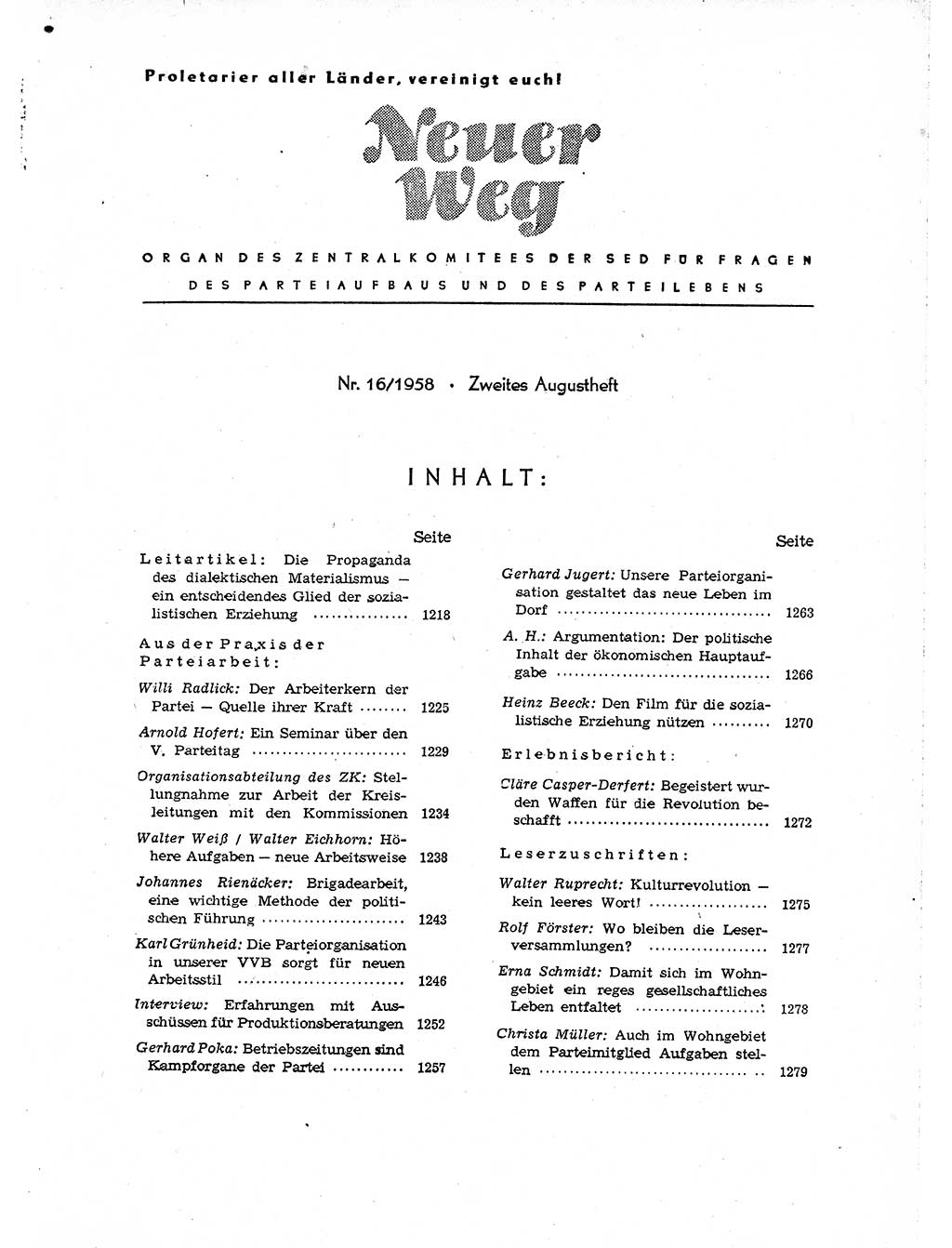 Neuer Weg (NW), Organ des Zentralkomitees (ZK) der SED (Sozialistische Einheitspartei Deutschlands) für Fragen des Parteiaufbaus und des Parteilebens, [Deutsche Demokratische Republik (DDR)] 13. Jahrgang 1958, Seite 1217 (NW ZK SED DDR 1958, S. 1217)