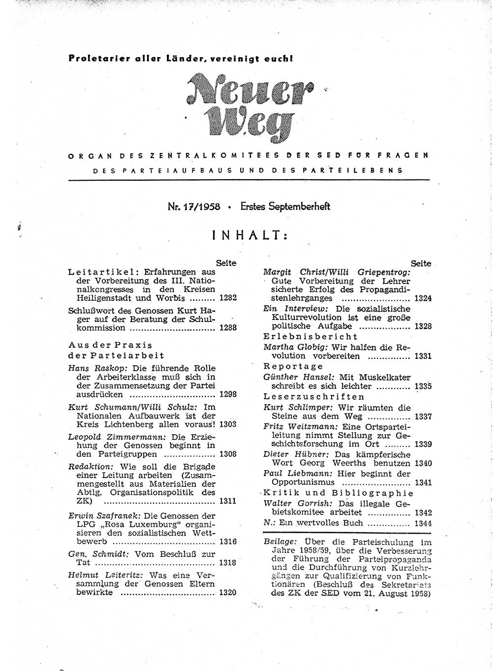 Neuer Weg (NW), Organ des Zentralkomitees (ZK) der SED (Sozialistische Einheitspartei Deutschlands) für Fragen des Parteiaufbaus und des Parteilebens, [Deutsche Demokratische Republik (DDR)] 13. Jahrgang 1958, Seite 1281 (NW ZK SED DDR 1958, S. 1281)