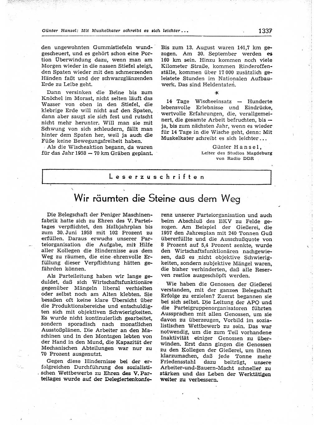 Neuer Weg (NW), Organ des Zentralkomitees (ZK) der SED (Sozialistische Einheitspartei Deutschlands) für Fragen des Parteiaufbaus und des Parteilebens, [Deutsche Demokratische Republik (DDR)] 13. Jahrgang 1958, Seite 1337 (NW ZK SED DDR 1958, S. 1337)