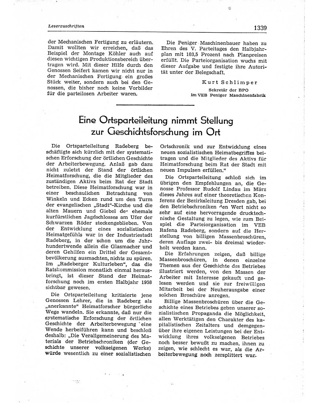 Neuer Weg (NW), Organ des Zentralkomitees (ZK) der SED (Sozialistische Einheitspartei Deutschlands) für Fragen des Parteiaufbaus und des Parteilebens, [Deutsche Demokratische Republik (DDR)] 13. Jahrgang 1958, Seite 1339 (NW ZK SED DDR 1958, S. 1339)