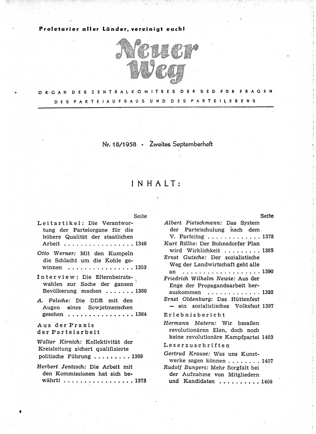 Neuer Weg (NW), Organ des Zentralkomitees (ZK) der SED (Sozialistische Einheitspartei Deutschlands) für Fragen des Parteiaufbaus und des Parteilebens, [Deutsche Demokratische Republik (DDR)] 13. Jahrgang 1958, Seite 1345 (NW ZK SED DDR 1958, S. 1345)