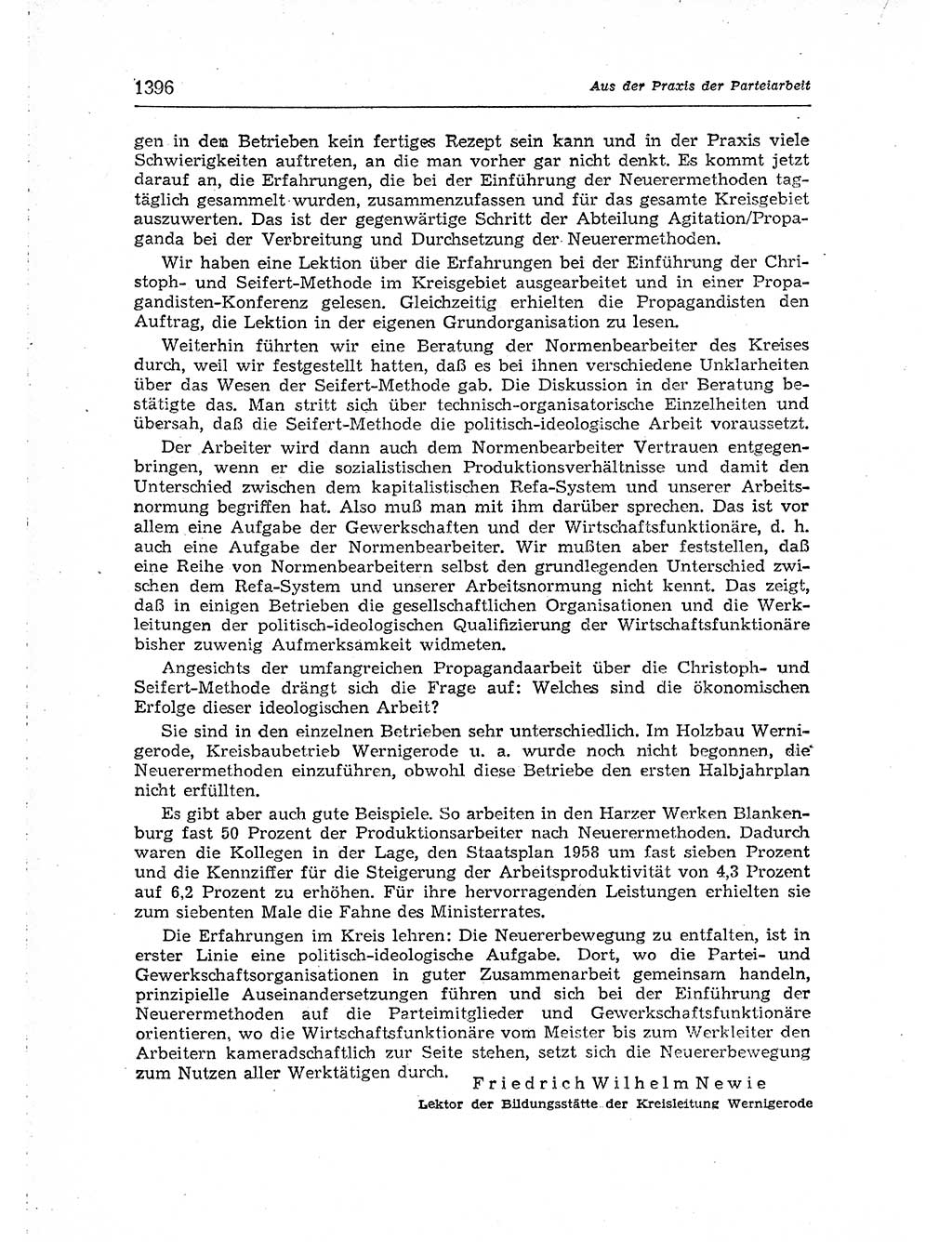 Neuer Weg (NW), Organ des Zentralkomitees (ZK) der SED (Sozialistische Einheitspartei Deutschlands) für Fragen des Parteiaufbaus und des Parteilebens, [Deutsche Demokratische Republik (DDR)] 13. Jahrgang 1958, Seite 1396 (NW ZK SED DDR 1958, S. 1396)