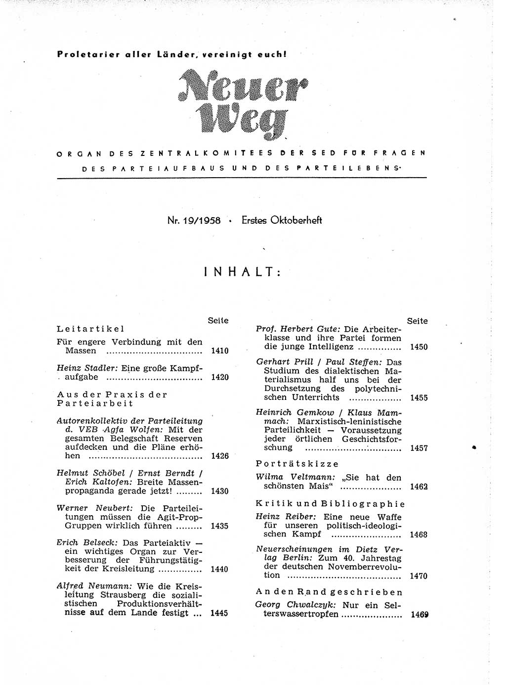 Neuer Weg (NW), Organ des Zentralkomitees (ZK) der SED (Sozialistische Einheitspartei Deutschlands) für Fragen des Parteiaufbaus und des Parteilebens, [Deutsche Demokratische Republik (DDR)] 13. Jahrgang 1958, Seite 1409 (NW ZK SED DDR 1958, S. 1409)