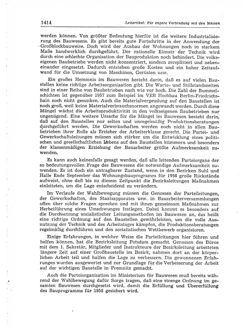 Neuer Weg (NW), Organ des Zentralkomitees (ZK) der SED (Sozialistische Einheitspartei Deutschlands) für Fragen des Parteiaufbaus und des Parteilebens, [Deutsche Demokratische Republik (DDR)] 13. Jahrgang 1958, Seite 1414 (NW ZK SED DDR 1958, S. 1414)