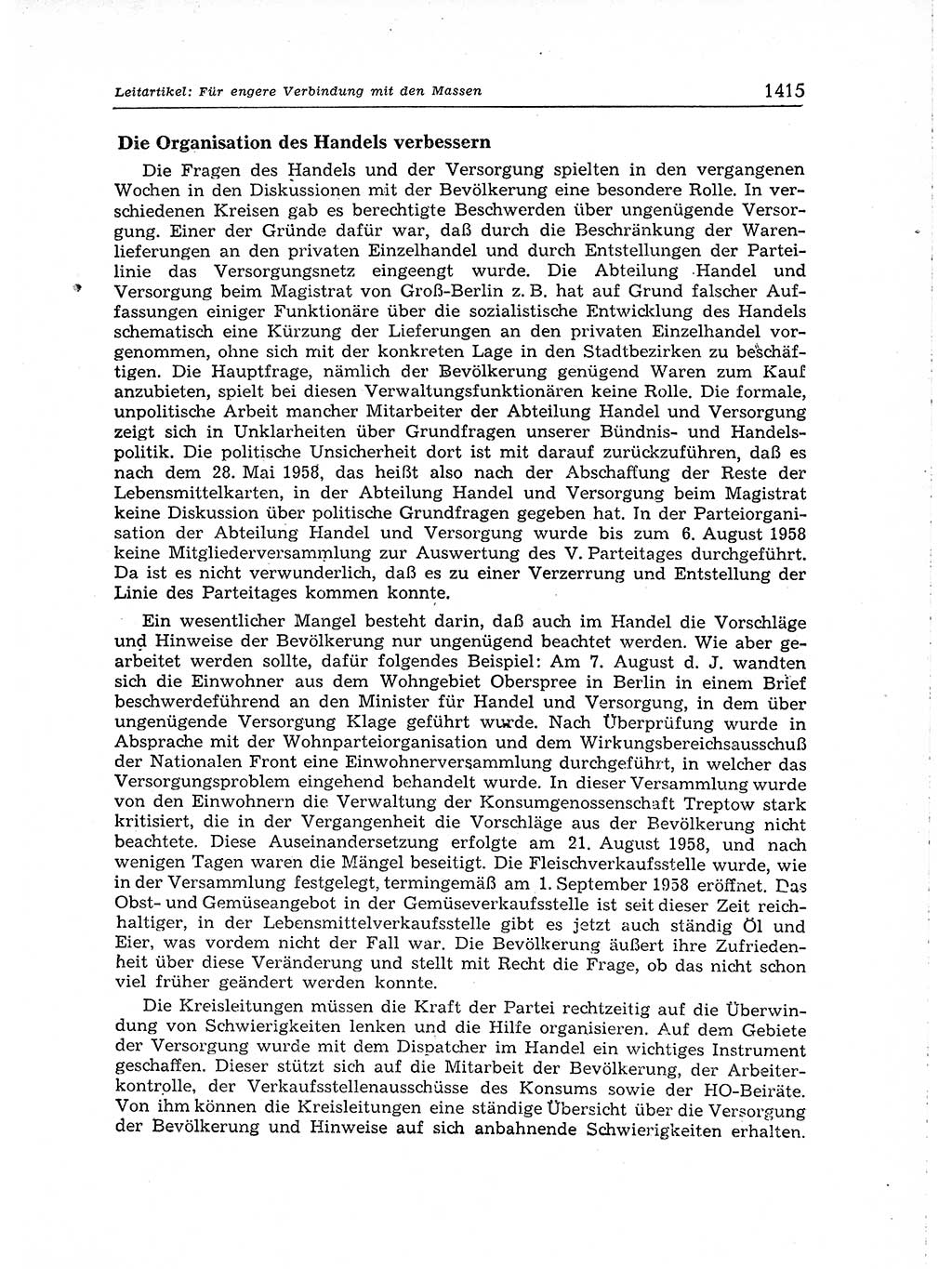 Neuer Weg (NW), Organ des Zentralkomitees (ZK) der SED (Sozialistische Einheitspartei Deutschlands) für Fragen des Parteiaufbaus und des Parteilebens, [Deutsche Demokratische Republik (DDR)] 13. Jahrgang 1958, Seite 1415 (NW ZK SED DDR 1958, S. 1415)