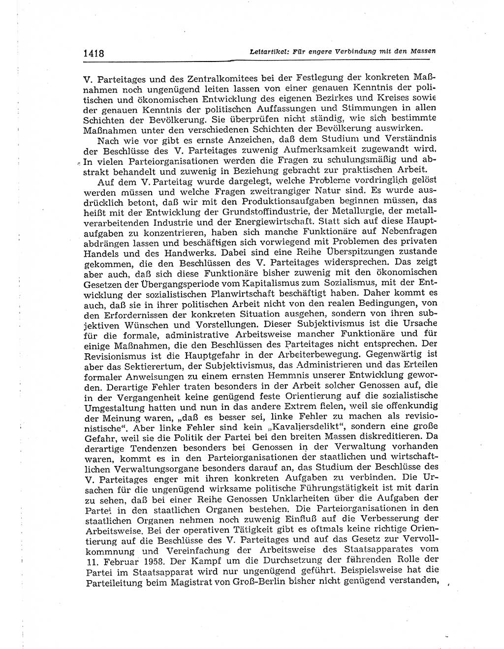 Neuer Weg (NW), Organ des Zentralkomitees (ZK) der SED (Sozialistische Einheitspartei Deutschlands) für Fragen des Parteiaufbaus und des Parteilebens, [Deutsche Demokratische Republik (DDR)] 13. Jahrgang 1958, Seite 1418 (NW ZK SED DDR 1958, S. 1418)