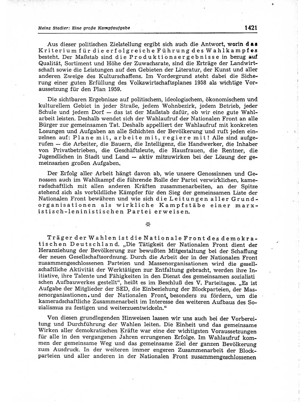 Neuer Weg (NW), Organ des Zentralkomitees (ZK) der SED (Sozialistische Einheitspartei Deutschlands) für Fragen des Parteiaufbaus und des Parteilebens, [Deutsche Demokratische Republik (DDR)] 13. Jahrgang 1958, Seite 1421 (NW ZK SED DDR 1958, S. 1421)