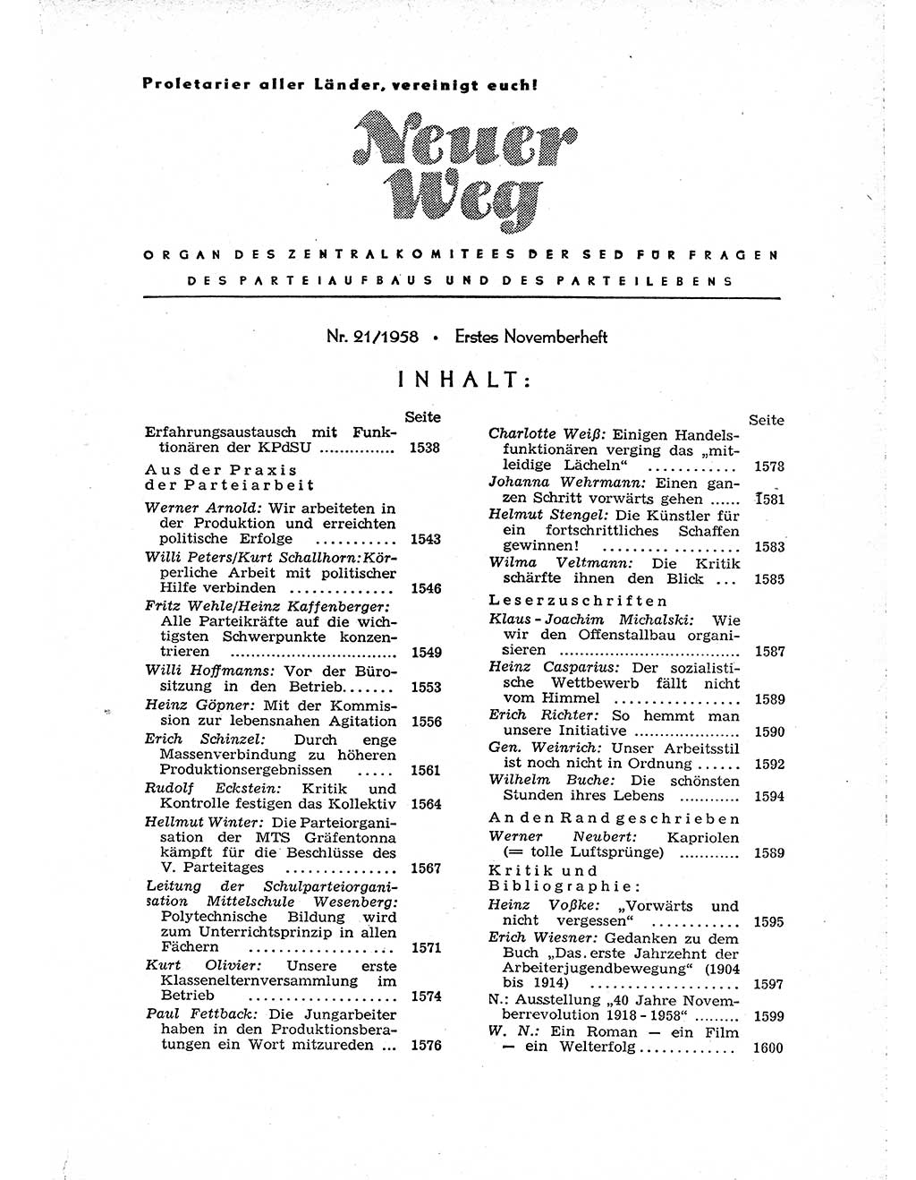 Neuer Weg (NW), Organ des Zentralkomitees (ZK) der SED (Sozialistische Einheitspartei Deutschlands) für Fragen des Parteiaufbaus und des Parteilebens, [Deutsche Demokratische Republik (DDR)] 13. Jahrgang 1958, Seite 1537 (NW ZK SED DDR 1958, S. 1537)