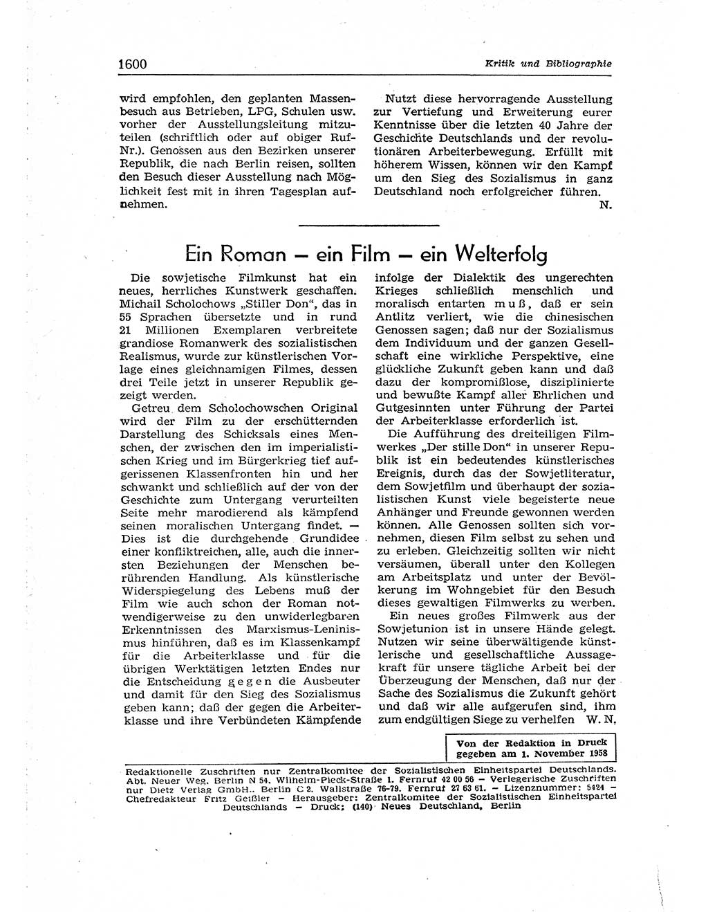 Neuer Weg (NW), Organ des Zentralkomitees (ZK) der SED (Sozialistische Einheitspartei Deutschlands) für Fragen des Parteiaufbaus und des Parteilebens, [Deutsche Demokratische Republik (DDR)] 13. Jahrgang 1958, Seite 1600 (NW ZK SED DDR 1958, S. 1600)