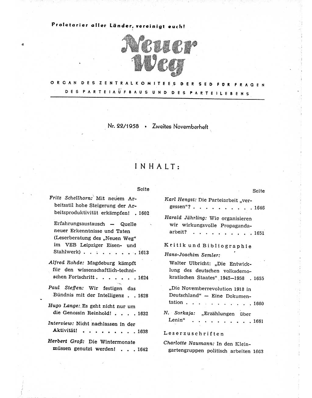 Neuer Weg (NW), Organ des Zentralkomitees (ZK) der SED (Sozialistische Einheitspartei Deutschlands) für Fragen des Parteiaufbaus und des Parteilebens, [Deutsche Demokratische Republik (DDR)] 13. Jahrgang 1958, Seite 1601 (NW ZK SED DDR 1958, S. 1601)