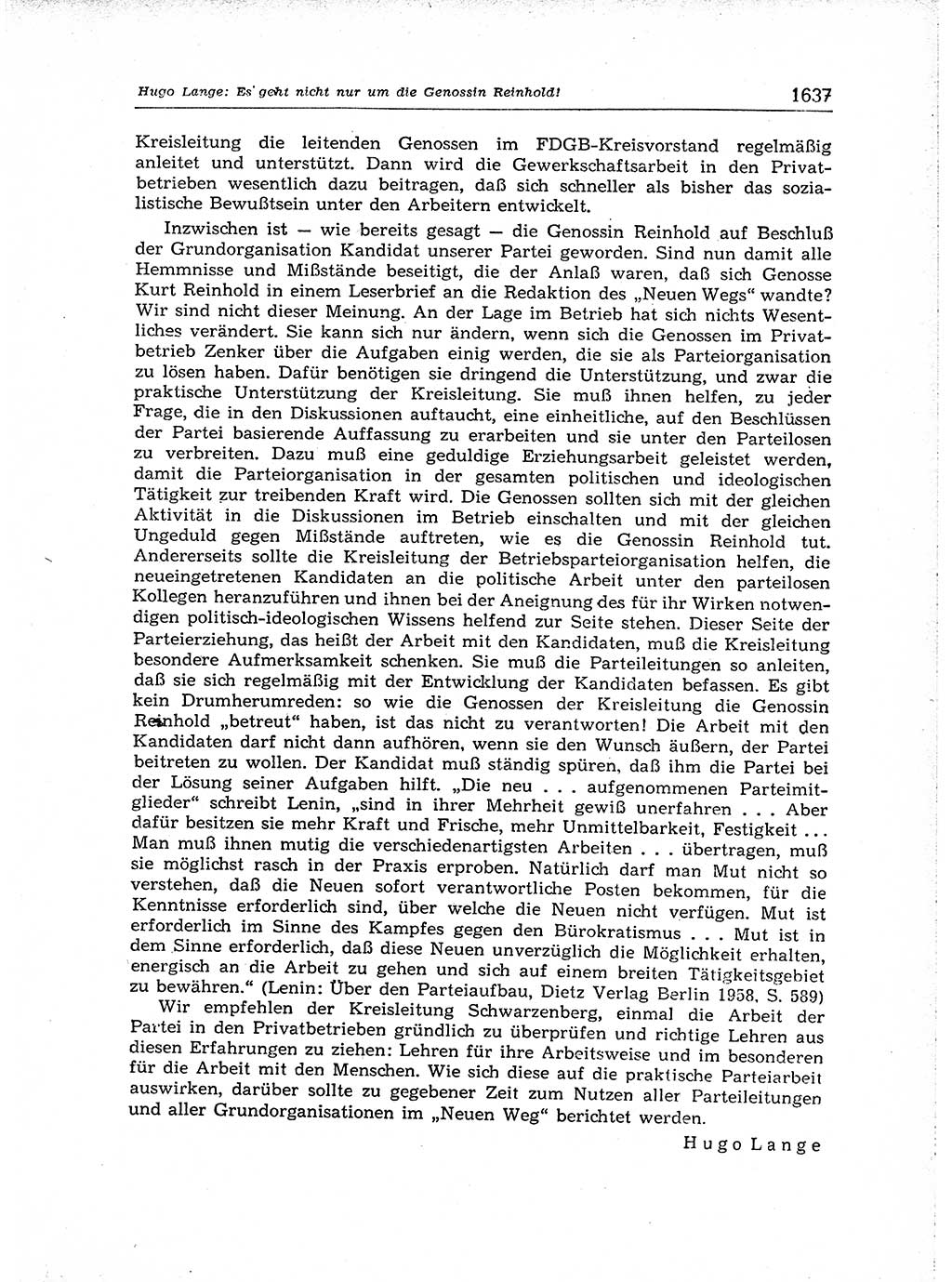 Neuer Weg (NW), Organ des Zentralkomitees (ZK) der SED (Sozialistische Einheitspartei Deutschlands) für Fragen des Parteiaufbaus und des Parteilebens, [Deutsche Demokratische Republik (DDR)] 13. Jahrgang 1958, Seite 1637 (NW ZK SED DDR 1958, S. 1637)