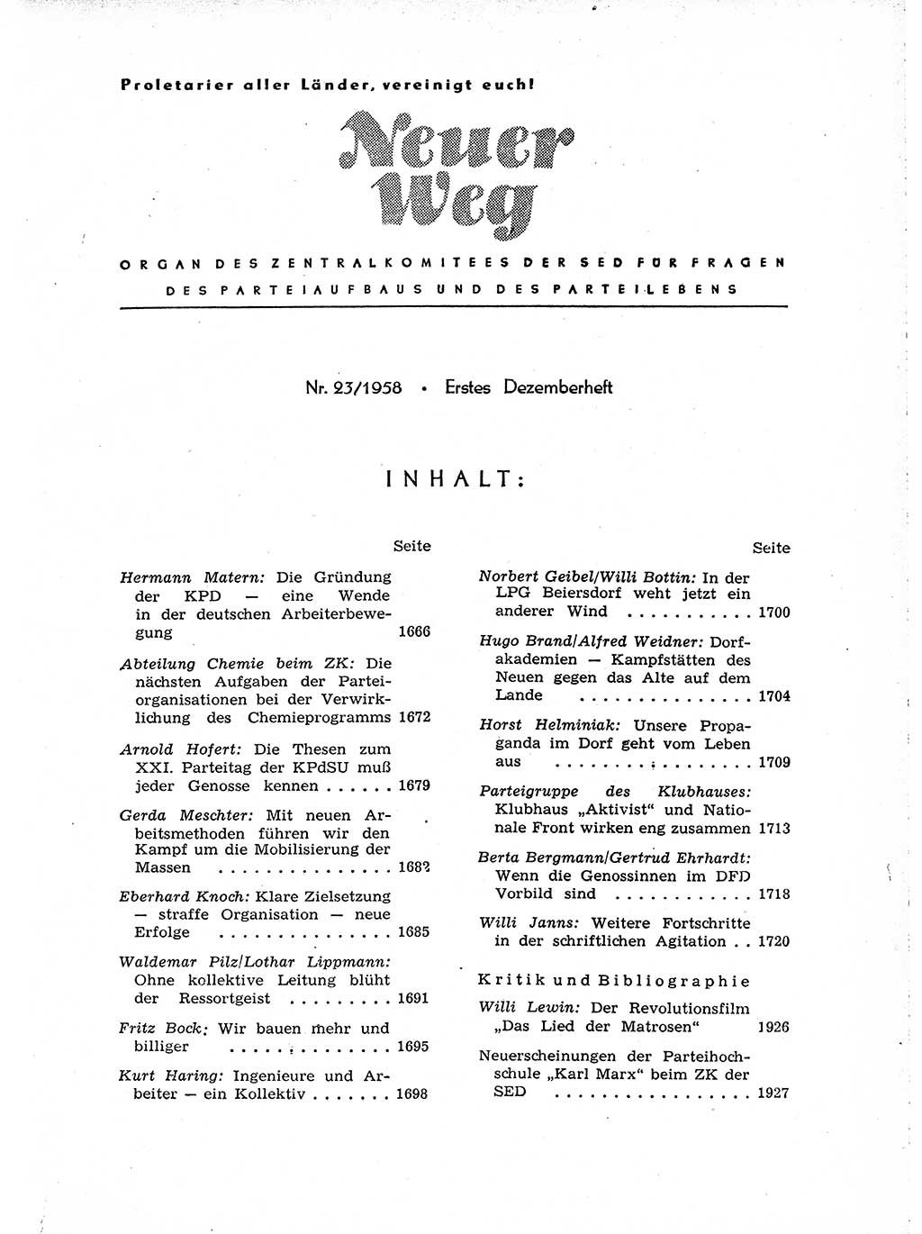 Neuer Weg (NW), Organ des Zentralkomitees (ZK) der SED (Sozialistische Einheitspartei Deutschlands) für Fragen des Parteiaufbaus und des Parteilebens, [Deutsche Demokratische Republik (DDR)] 13. Jahrgang 1958, Seite 1665 (NW ZK SED DDR 1958, S. 1665)