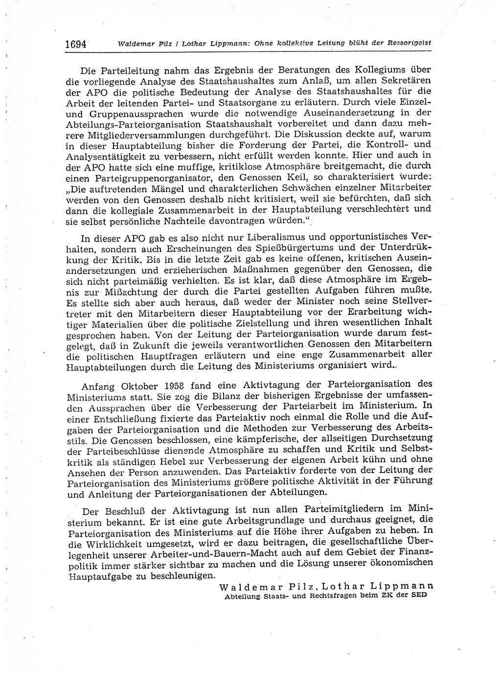 Neuer Weg (NW), Organ des Zentralkomitees (ZK) der SED (Sozialistische Einheitspartei Deutschlands) für Fragen des Parteiaufbaus und des Parteilebens, [Deutsche Demokratische Republik (DDR)] 13. Jahrgang 1958, Seite 1694 (NW ZK SED DDR 1958, S. 1694)