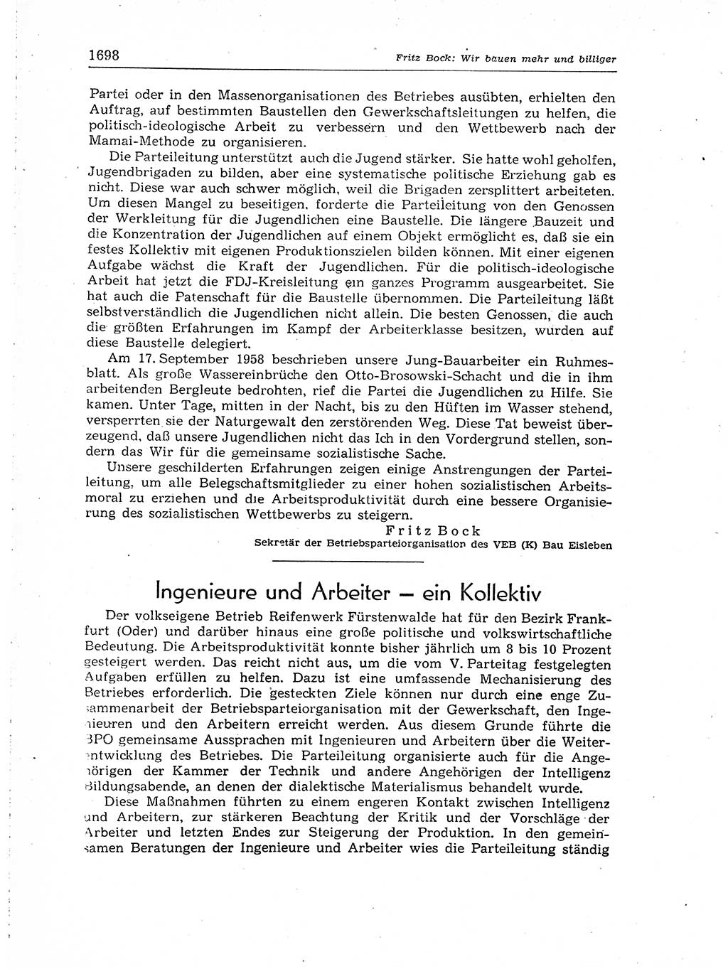 Neuer Weg (NW), Organ des Zentralkomitees (ZK) der SED (Sozialistische Einheitspartei Deutschlands) für Fragen des Parteiaufbaus und des Parteilebens, [Deutsche Demokratische Republik (DDR)] 13. Jahrgang 1958, Seite 1698 (NW ZK SED DDR 1958, S. 1698)