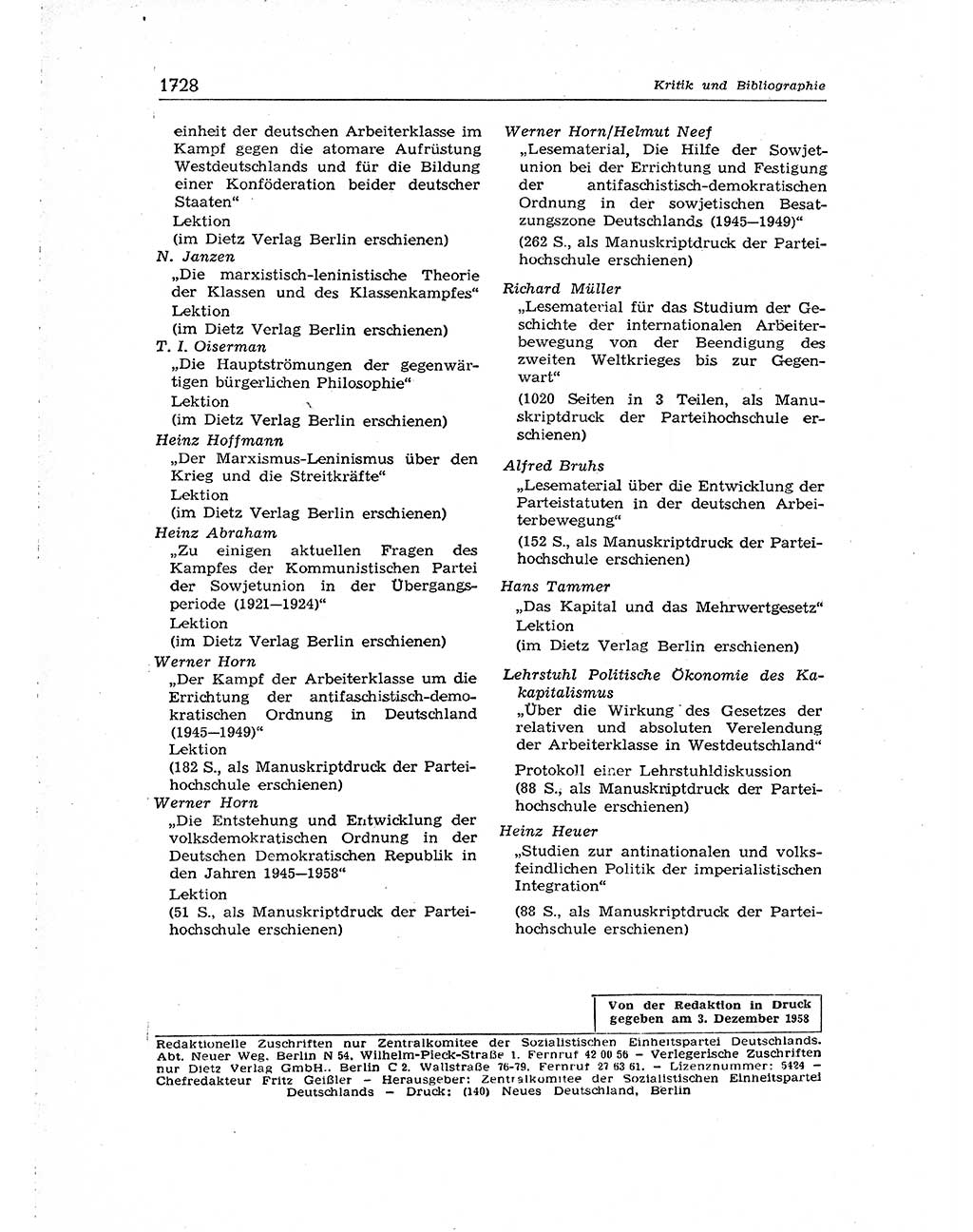 Neuer Weg (NW), Organ des Zentralkomitees (ZK) der SED (Sozialistische Einheitspartei Deutschlands) für Fragen des Parteiaufbaus und des Parteilebens, [Deutsche Demokratische Republik (DDR)] 13. Jahrgang 1958, Seite 1728 (NW ZK SED DDR 1958, S. 1728)