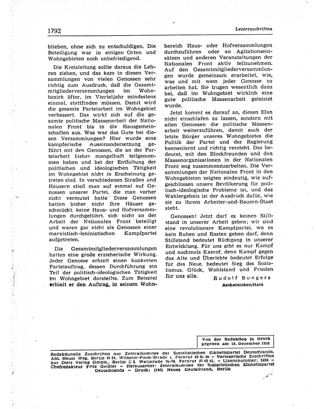Neuer Weg (NW), Organ des Zentralkomitees (ZK) der SED (Sozialistische Einheitspartei Deutschlands) für Fragen des Parteiaufbaus und des Parteilebens, [Deutsche Demokratische Republik (DDR)] 13. Jahrgang 1958, Seite 1792 (NW ZK SED DDR 1958, S. 1792)