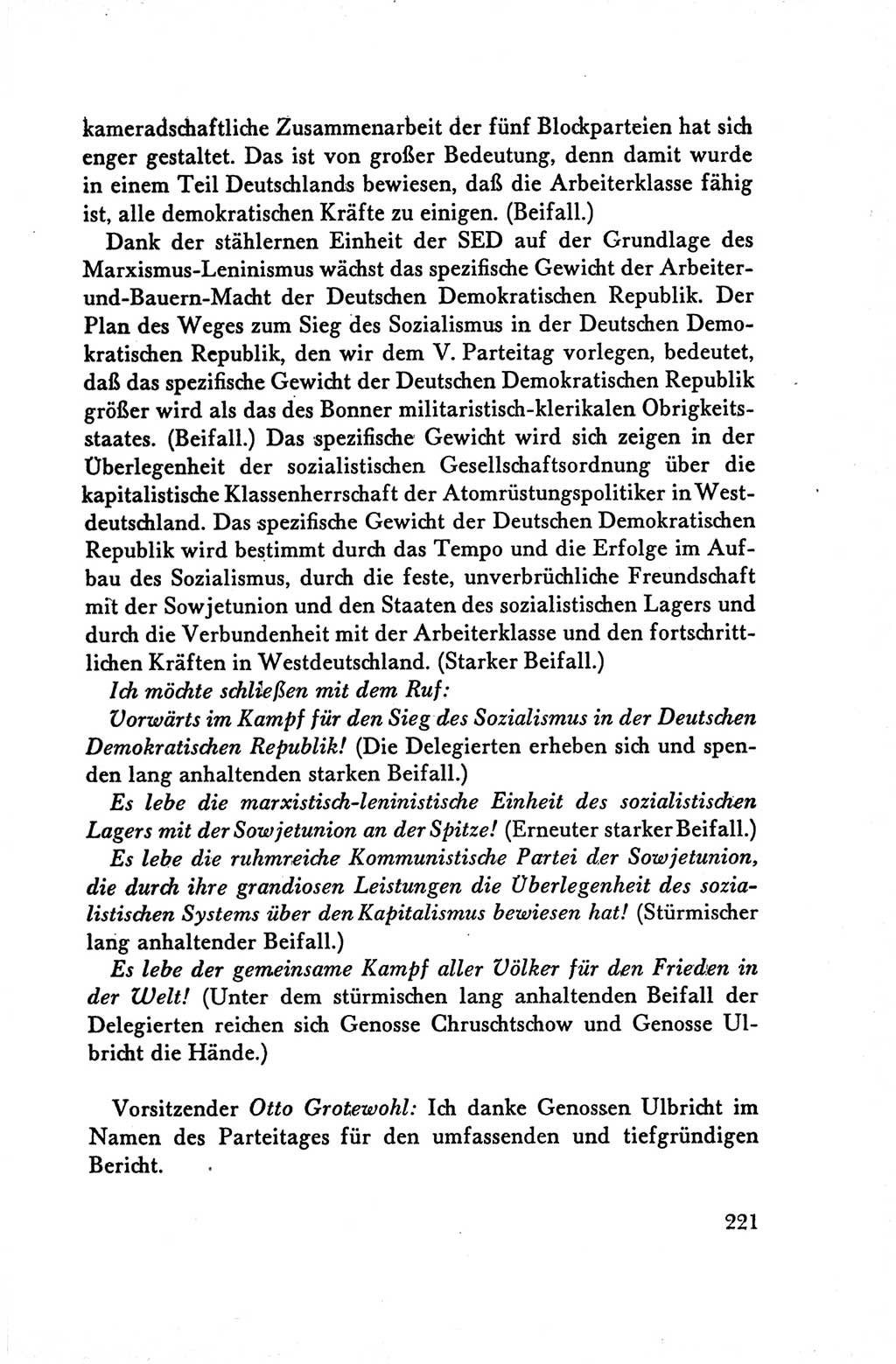 Protokoll der Verhandlungen des Ⅴ. Parteitages der Sozialistischen Einheitspartei Deutschlands (SED) [Deutsche Demokratische Republik (DDR)] 1958, Seite 221