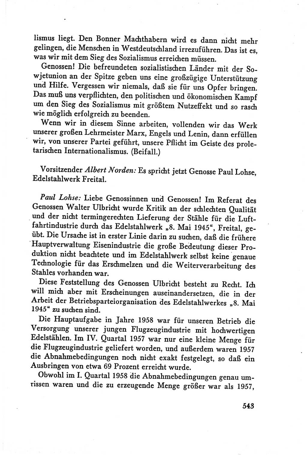 Protokoll der Verhandlungen des Ⅴ. Parteitages der Sozialistischen Einheitspartei Deutschlands (SED) [Deutsche Demokratische Republik (DDR)] 1958, Seite 543