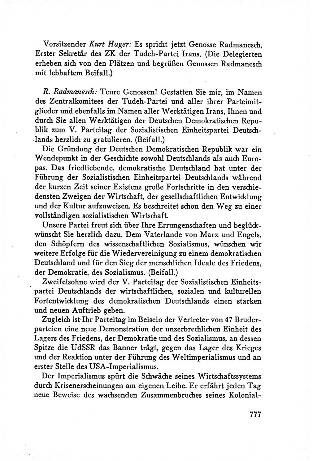 Protokoll der Verhandlungen des Ⅴ. Parteitages der Sozialistischen Einheitspartei Deutschlands (SED) [Deutsche Demokratische Republik (DDR)] 1958, Seite 777