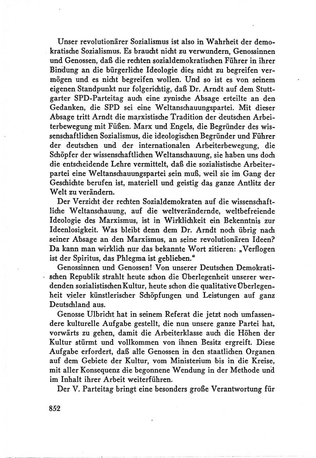 Protokoll der Verhandlungen des Ⅴ. Parteitages der Sozialistischen Einheitspartei Deutschlands (SED) [Deutsche Demokratische Republik (DDR)] 1958, Seite 852