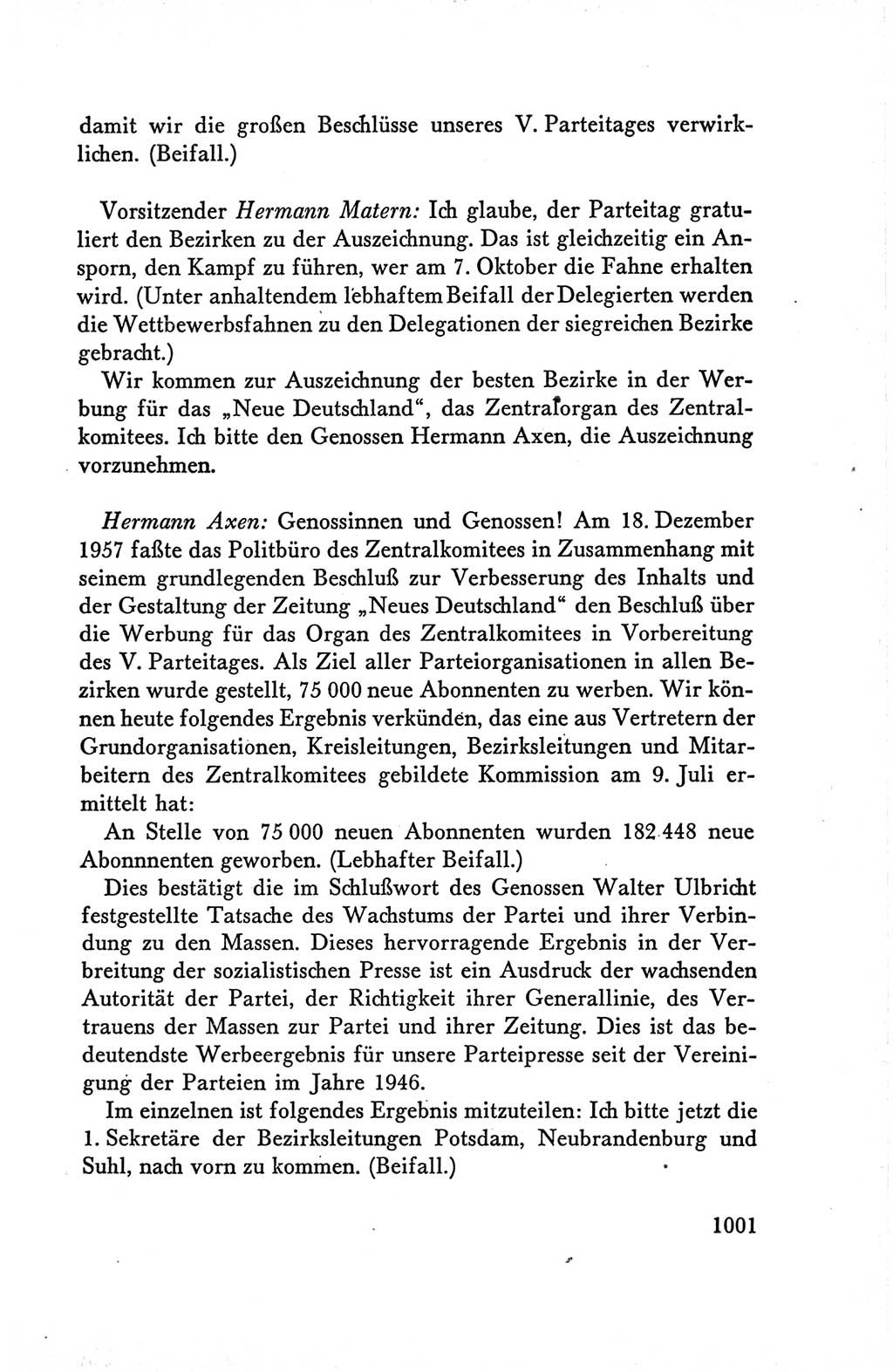 Protokoll der Verhandlungen des Ⅴ. Parteitages der Sozialistischen Einheitspartei Deutschlands (SED) [Deutsche Demokratische Republik (DDR)] 1958, Seite 1001