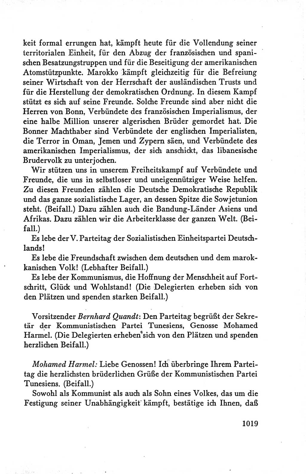 Protokoll der Verhandlungen des Ⅴ. Parteitages der Sozialistischen Einheitspartei Deutschlands (SED) [Deutsche Demokratische Republik (DDR)] 1958, Seite 1019