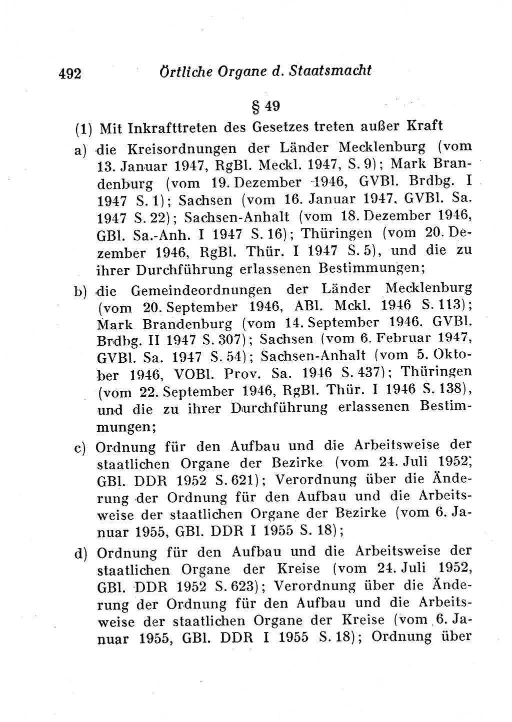 Staats- und verwaltungsrechtliche Gesetze der Deutschen Demokratischen Republik (DDR) 1958, Seite 492 (StVerwR Ges. DDR 1958, S. 492)