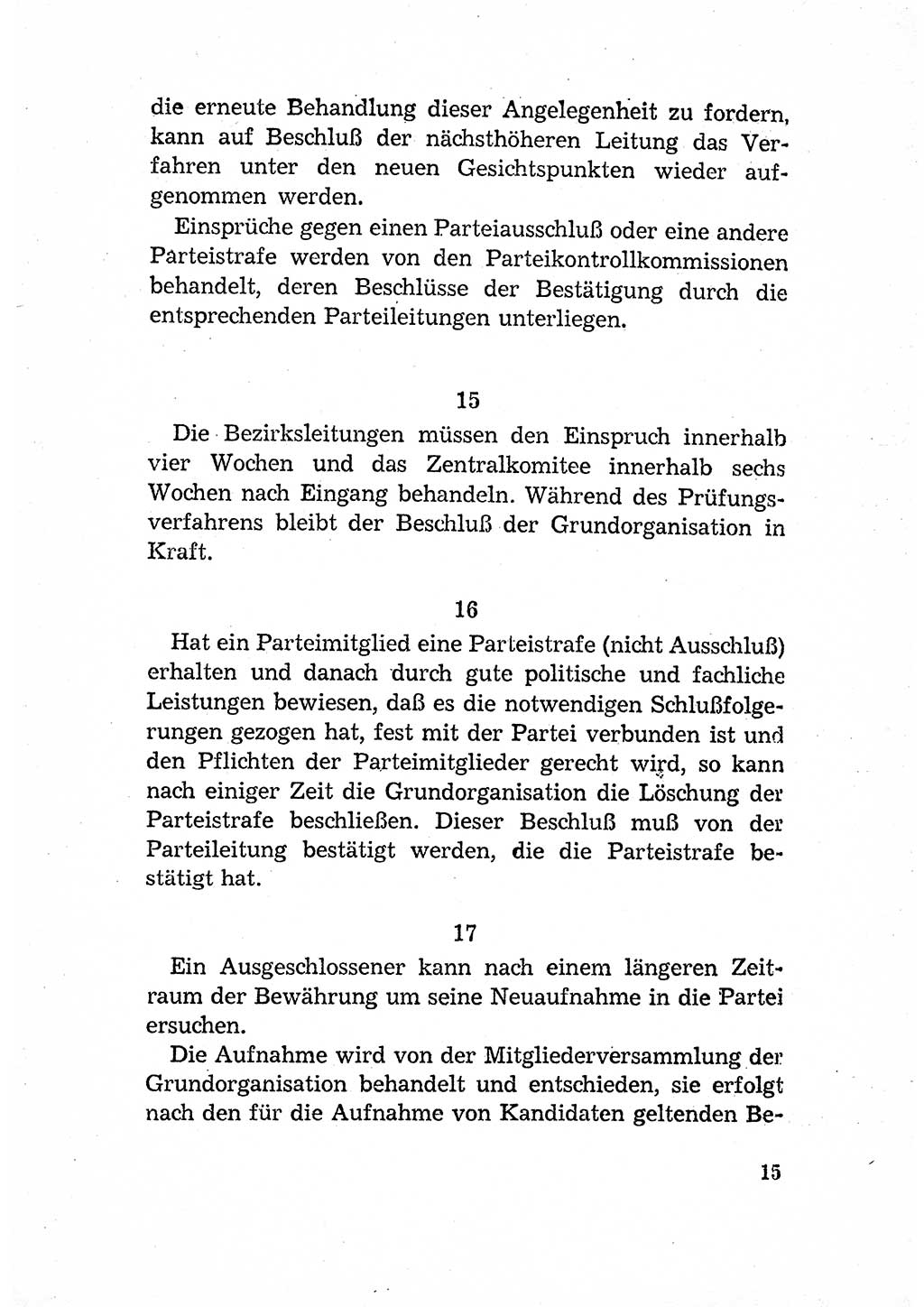 Statut der Sozialistischen Einheitspartei Deutschlands (SED) [Deutsche Demokratische Republik (DDR)] 1958, Seite 15 (St. SED DDR 1958, S. 15)