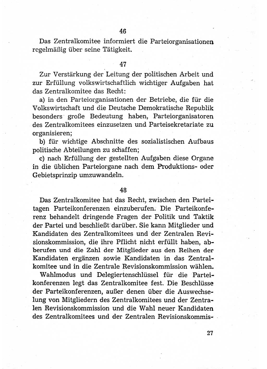 Statut der Sozialistischen Einheitspartei Deutschlands (SED) [Deutsche Demokratische Republik (DDR)] 1958, Seite 27 (St. SED DDR 1958, S. 27)