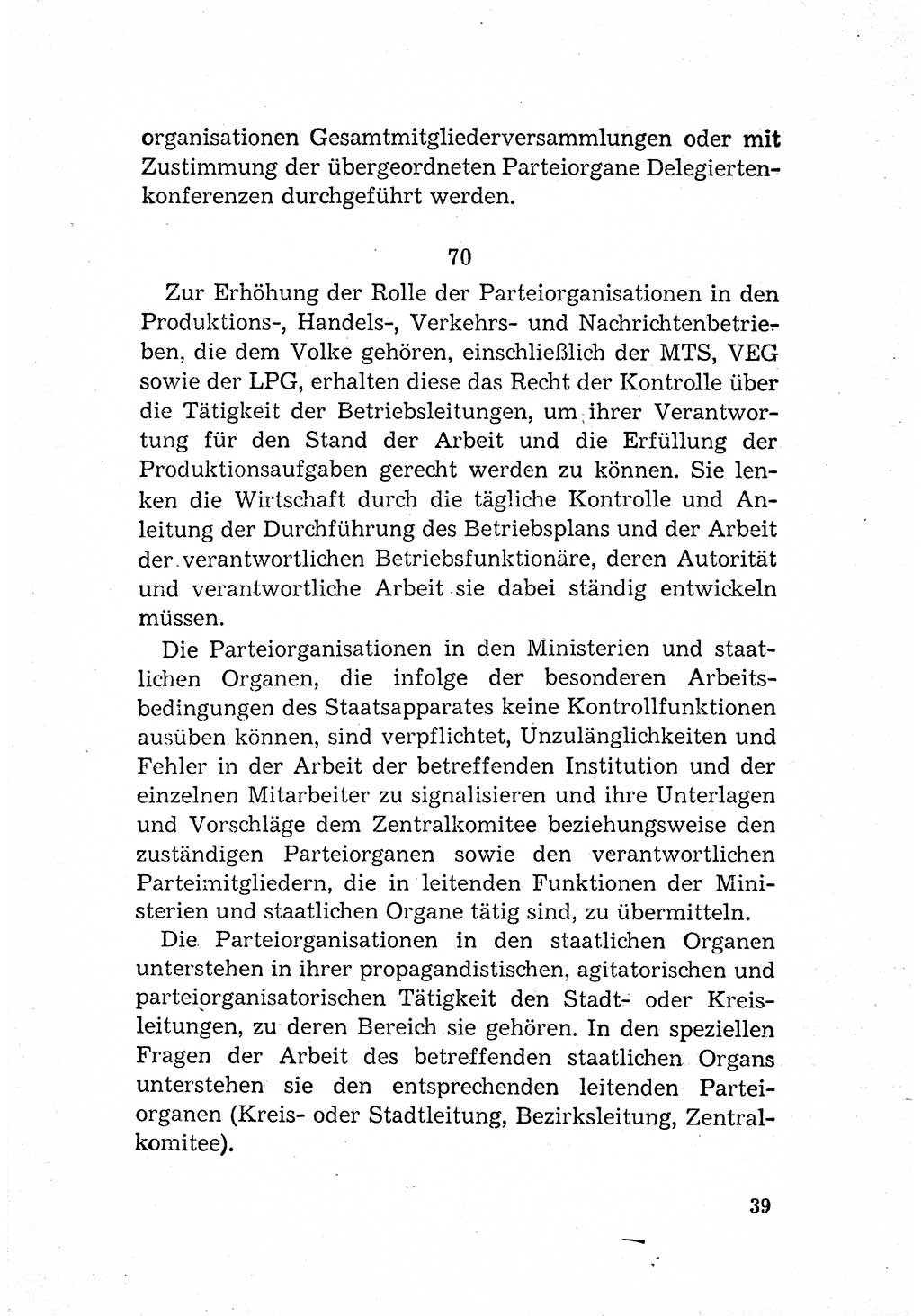 Statut der Sozialistischen Einheitspartei Deutschlands (SED) [Deutsche Demokratische Republik (DDR)] 1958, Seite 39 (St. SED DDR 1958, S. 39)