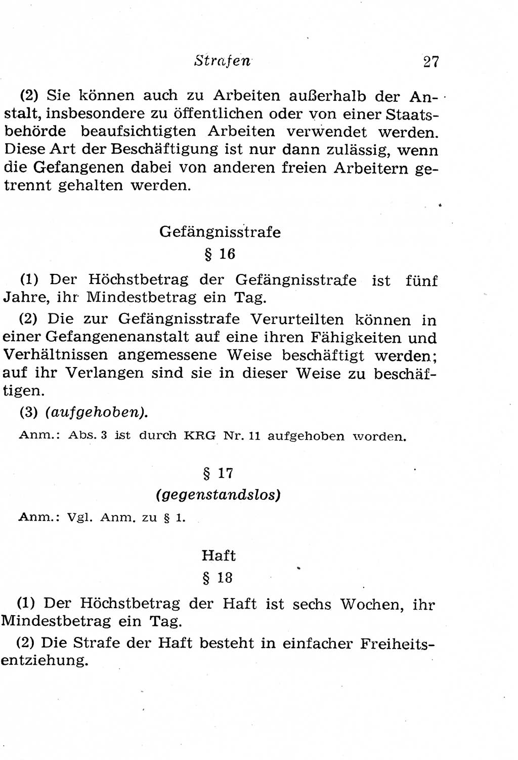 Strafgesetzbuch (StGB) und andere Strafgesetze [Deutsche Demokratische Republik (DDR)] 1958, Seite 27 (StGB Strafges. DDR 1958, S. 27)