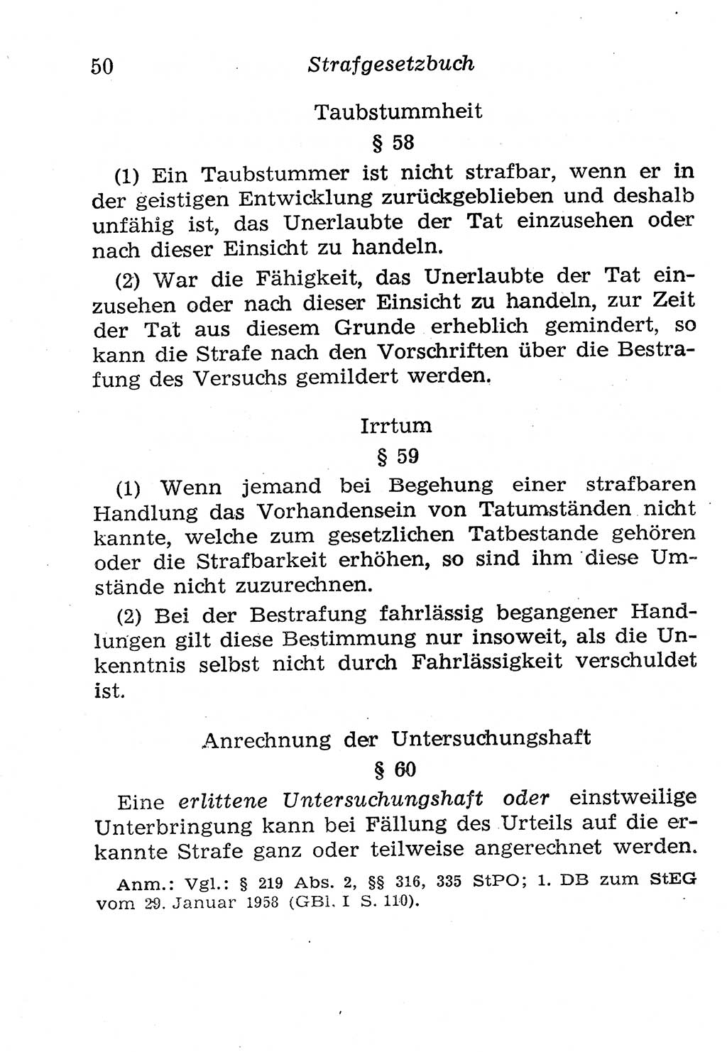 Strafgesetzbuch (StGB) und andere Strafgesetze [Deutsche Demokratische Republik (DDR)] 1958, Seite 50 (StGB Strafges. DDR 1958, S. 50)