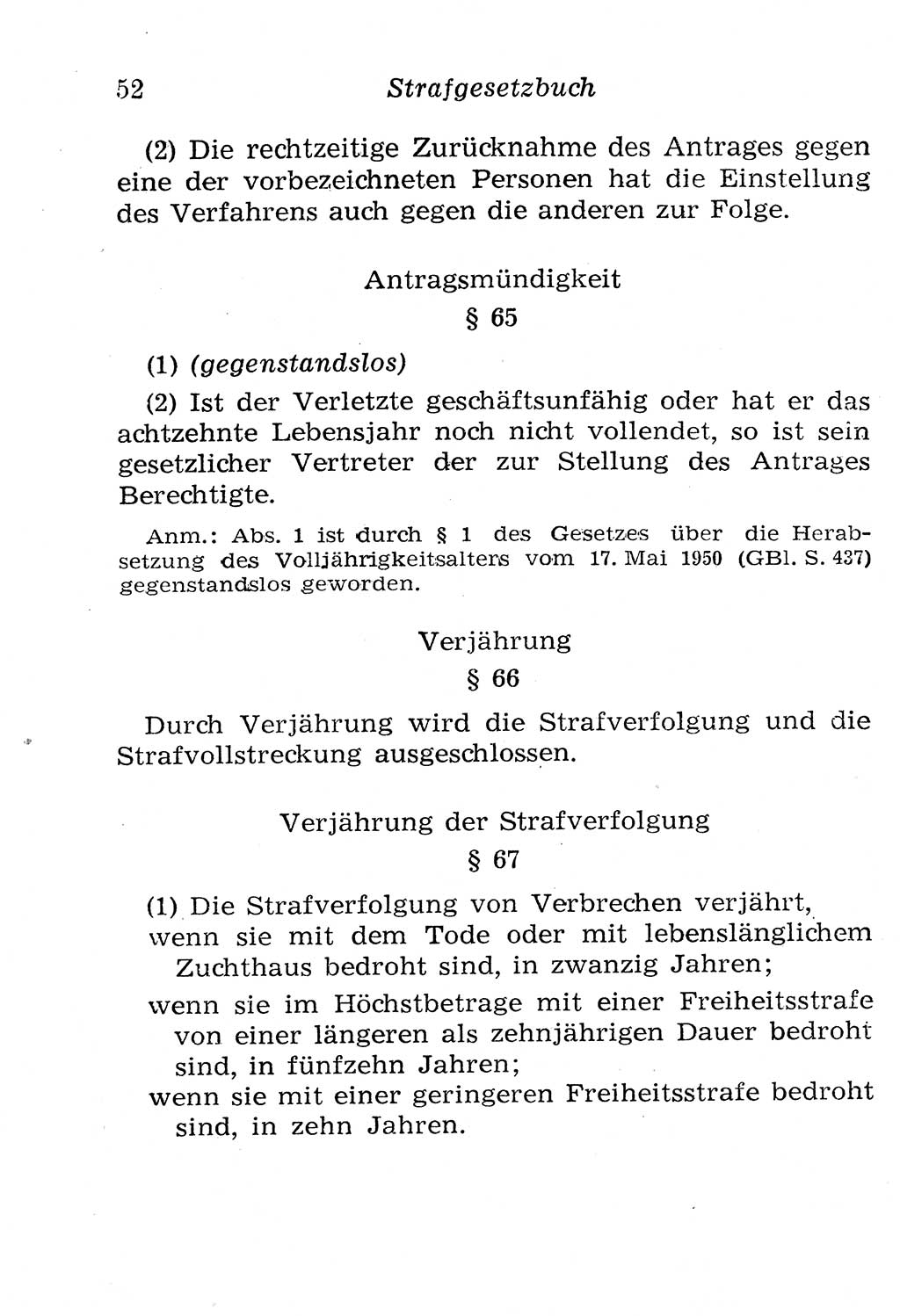 Strafgesetzbuch (StGB) und andere Strafgesetze [Deutsche Demokratische Republik (DDR)] 1958, Seite 52 (StGB Strafges. DDR 1958, S. 52)