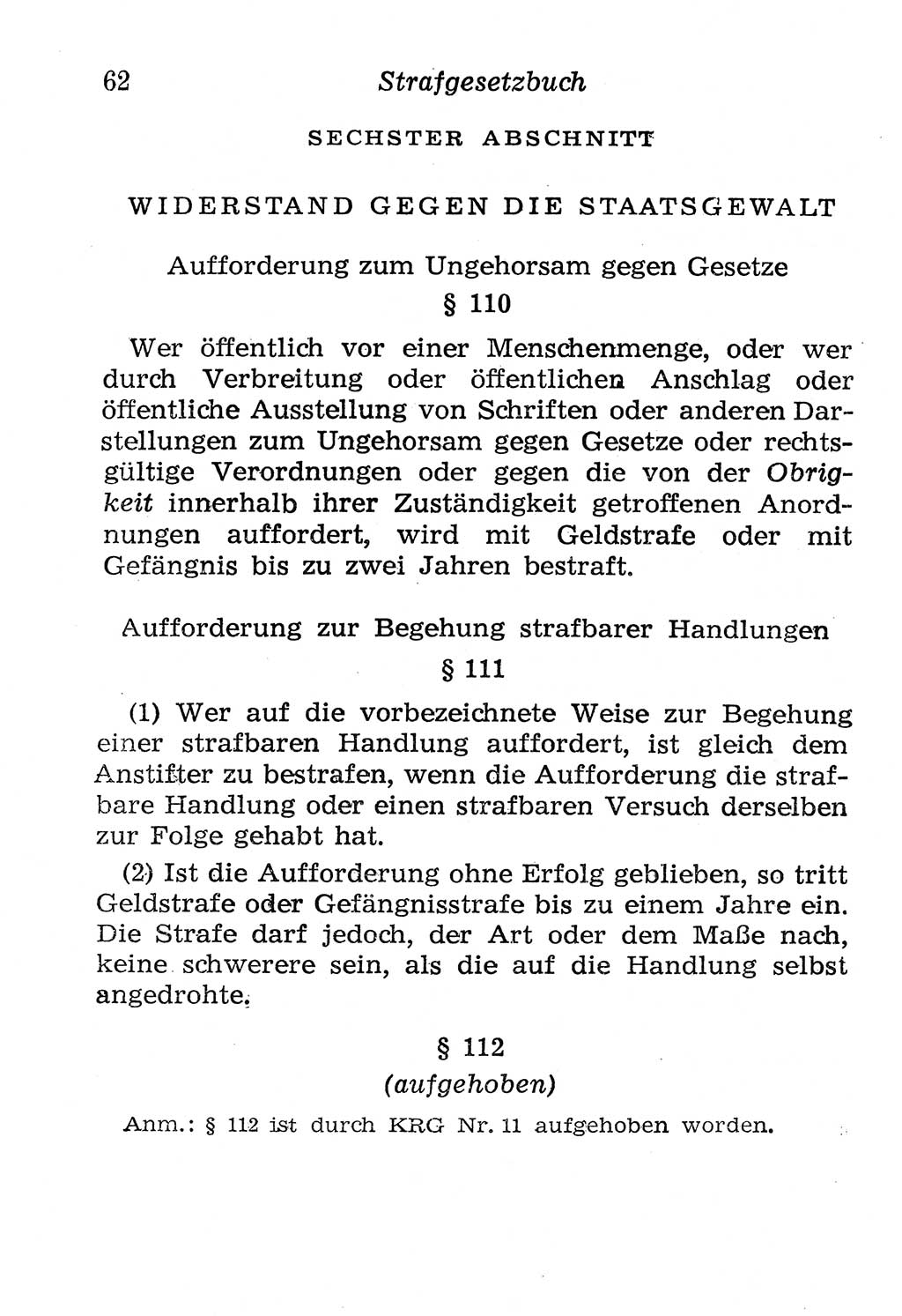 Strafgesetzbuch (StGB) und andere Strafgesetze [Deutsche Demokratische Republik (DDR)] 1958, Seite 62 (StGB Strafges. DDR 1958, S. 62)