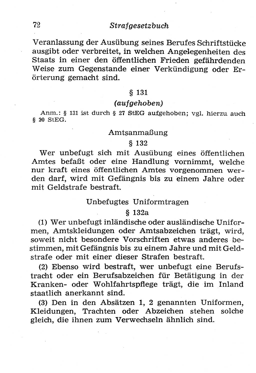 Strafgesetzbuch (StGB) und andere Strafgesetze [Deutsche Demokratische Republik (DDR)] 1958, Seite 72 (StGB Strafges. DDR 1958, S. 72)