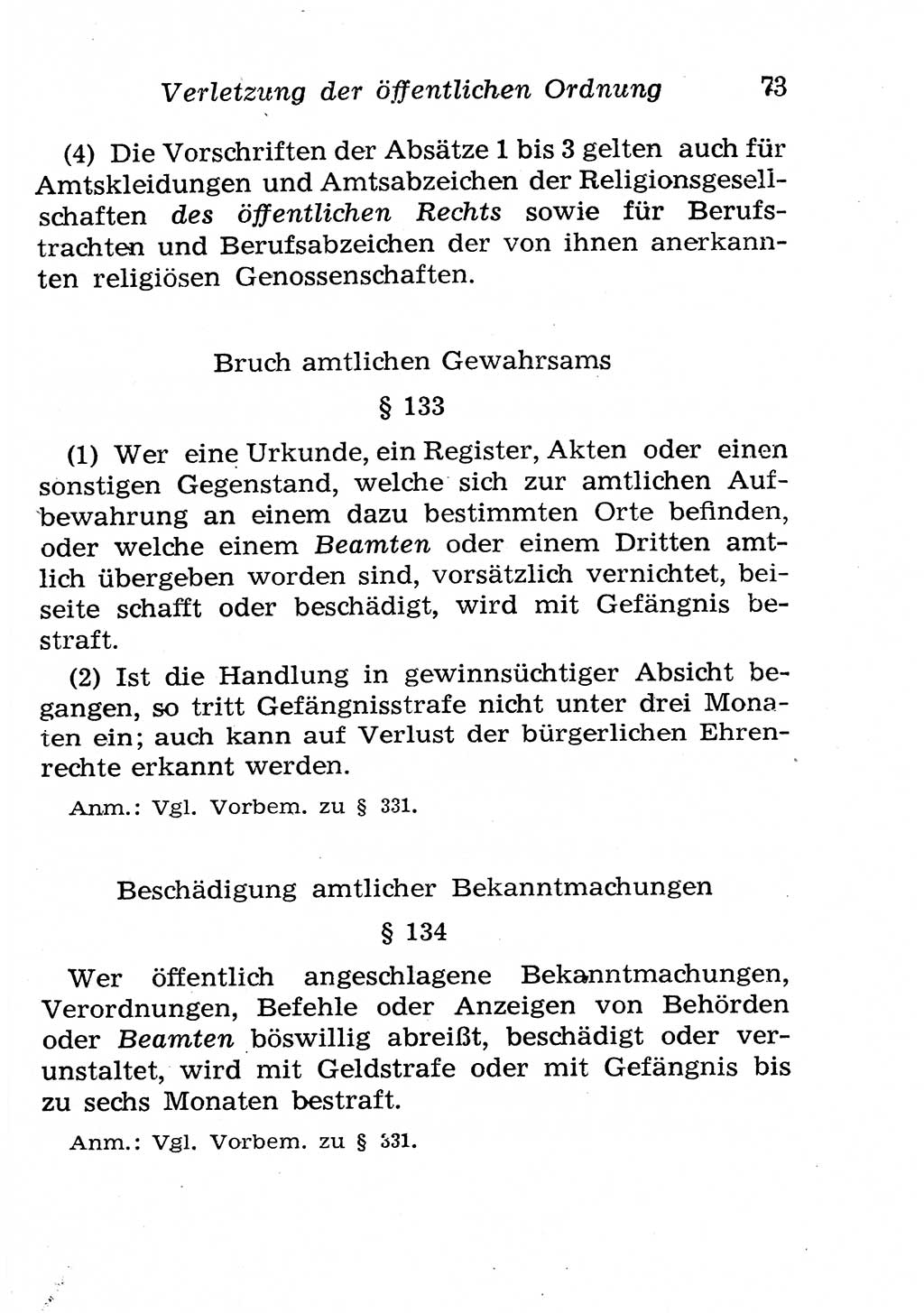 Strafgesetzbuch (StGB) und andere Strafgesetze [Deutsche Demokratische Republik (DDR)] 1958, Seite 73 (StGB Strafges. DDR 1958, S. 73)