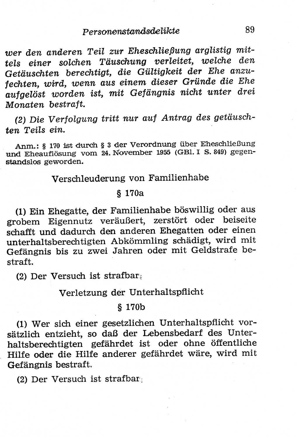 Strafgesetzbuch (StGB) und andere Strafgesetze [Deutsche Demokratische Republik (DDR)] 1958, Seite 89 (StGB Strafges. DDR 1958, S. 89)