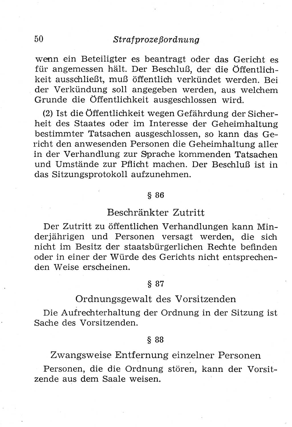 Strafprozeßordnung (StPO), Gerichtsverfassungsgesetz (GVG), Staatsanwaltsgesetz (StAG), Jugendgerichtsgesetz (JGG) und Strafregistergesetz (StRegG) [Deutsche Demokratische Republik (DDR)] 1958, Seite 50 (StPO GVG StAG JGG StRegG DDR 1958, S. 50)