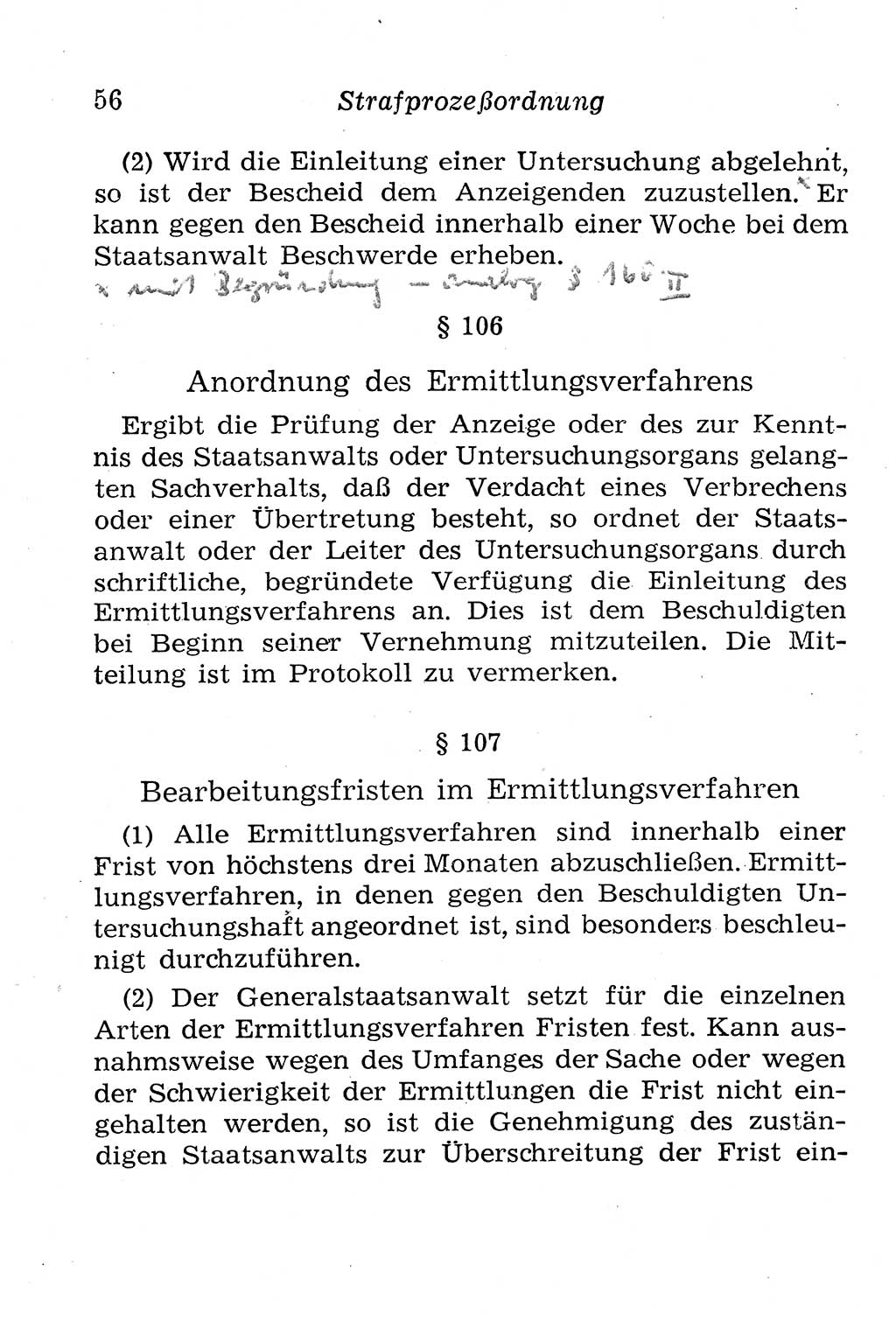 Strafprozeßordnung (StPO), Gerichtsverfassungsgesetz (GVG), Staatsanwaltsgesetz (StAG), Jugendgerichtsgesetz (JGG) und Strafregistergesetz (StRegG) [Deutsche Demokratische Republik (DDR)] 1958, Seite 56 (StPO GVG StAG JGG StRegG DDR 1958, S. 56)