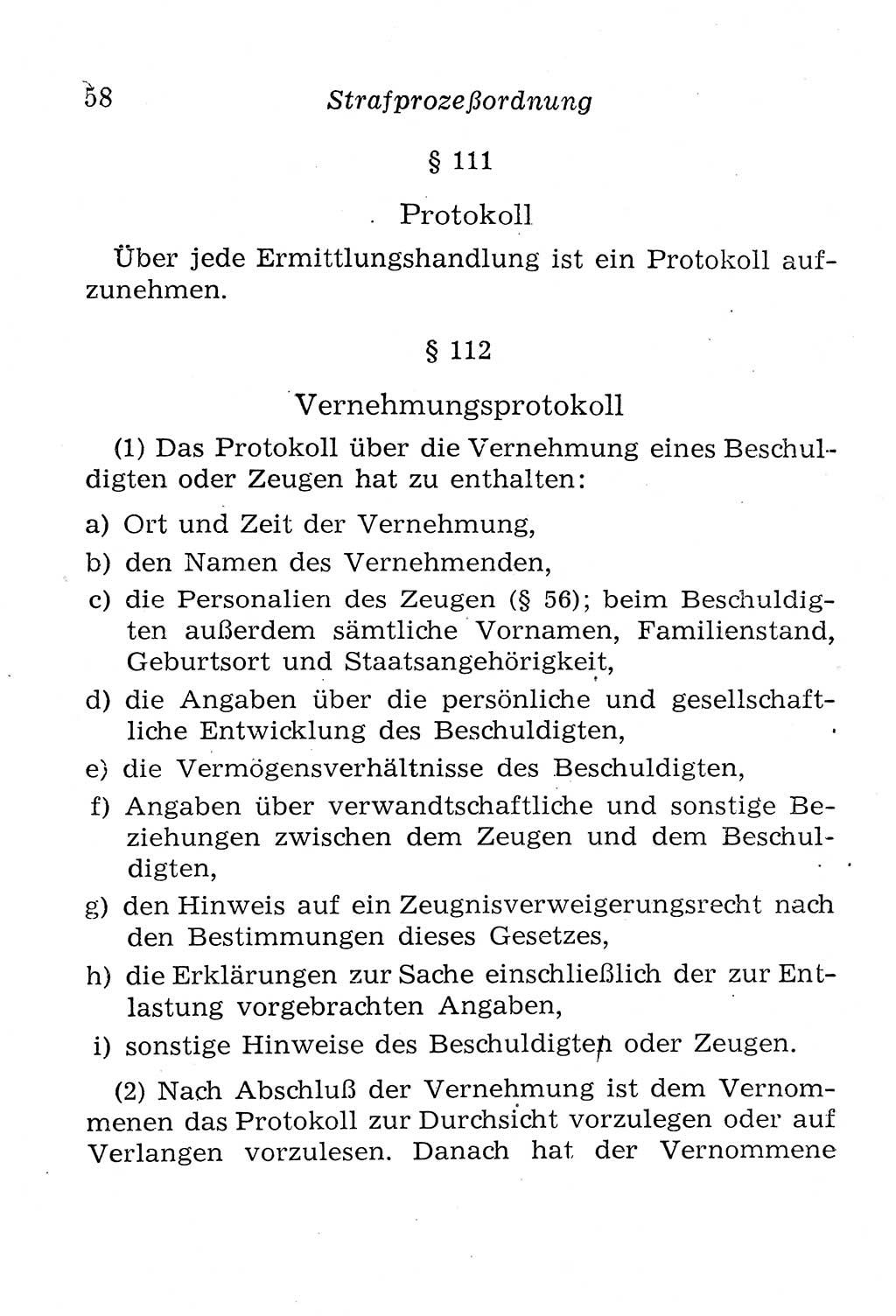 Strafprozeßordnung (StPO), Gerichtsverfassungsgesetz (GVG), Staatsanwaltsgesetz (StAG), Jugendgerichtsgesetz (JGG) und Strafregistergesetz (StRegG) [Deutsche Demokratische Republik (DDR)] 1958, Seite 58 (StPO GVG StAG JGG StRegG DDR 1958, S. 58)